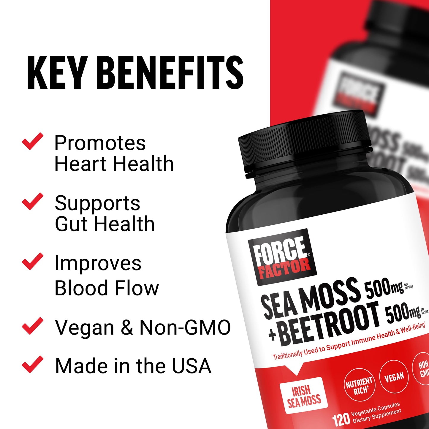 Force Factor Irish Sea Moss + Beet Root Supplement, 120 Capsules