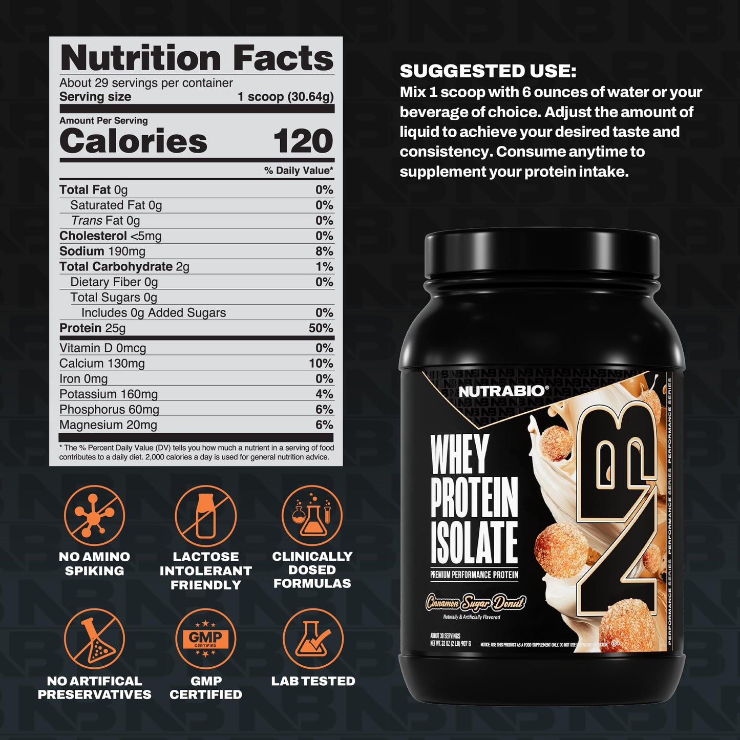 NutraBio 100% Whey Protein Isolate Protein Powder Cinnamon Sugar Donut, 32 Servings