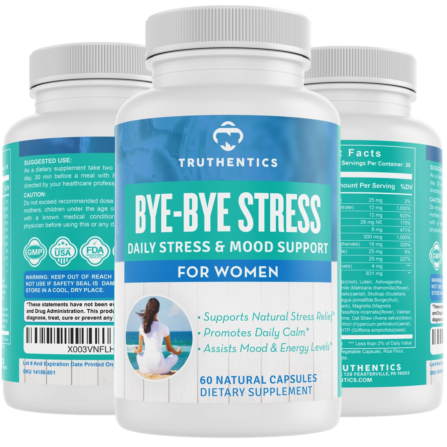 TRUTHENTICS Bye-Bye Stress - Stress & Mood Support Supplement for Women with Ashwagandha, GABA, Lemon Balm, L-Theanin & Vitamin B Complex, 60 Capsules