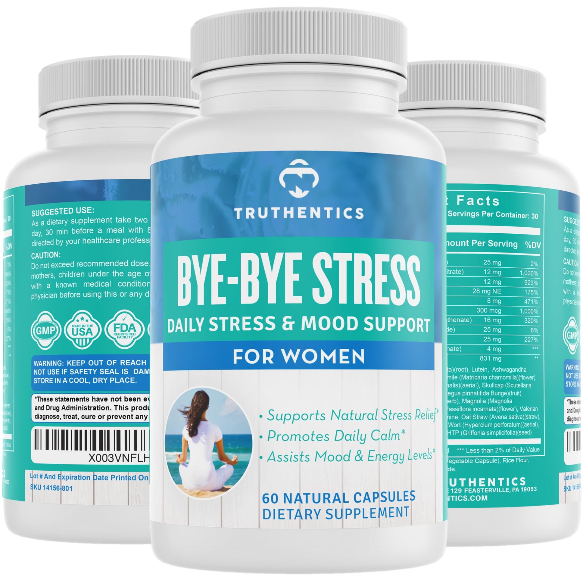 TRUTHENTICS Bye-Bye Stress - Stress & Mood Support Supplement for Women with Ashwagandha, GABA, Lemon Balm, L-Theanin & Vitamin B Complex, 60 Capsules