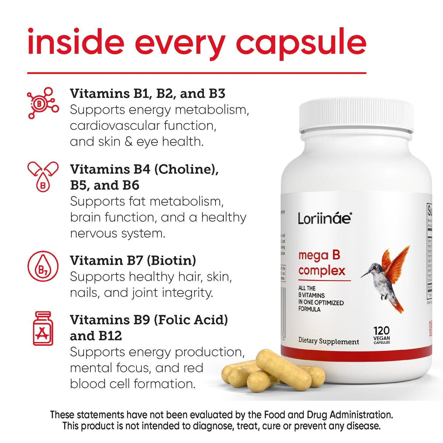 Loriináe Mega B Complex with B12, Folate & Myo-Inositol 120 Capsules