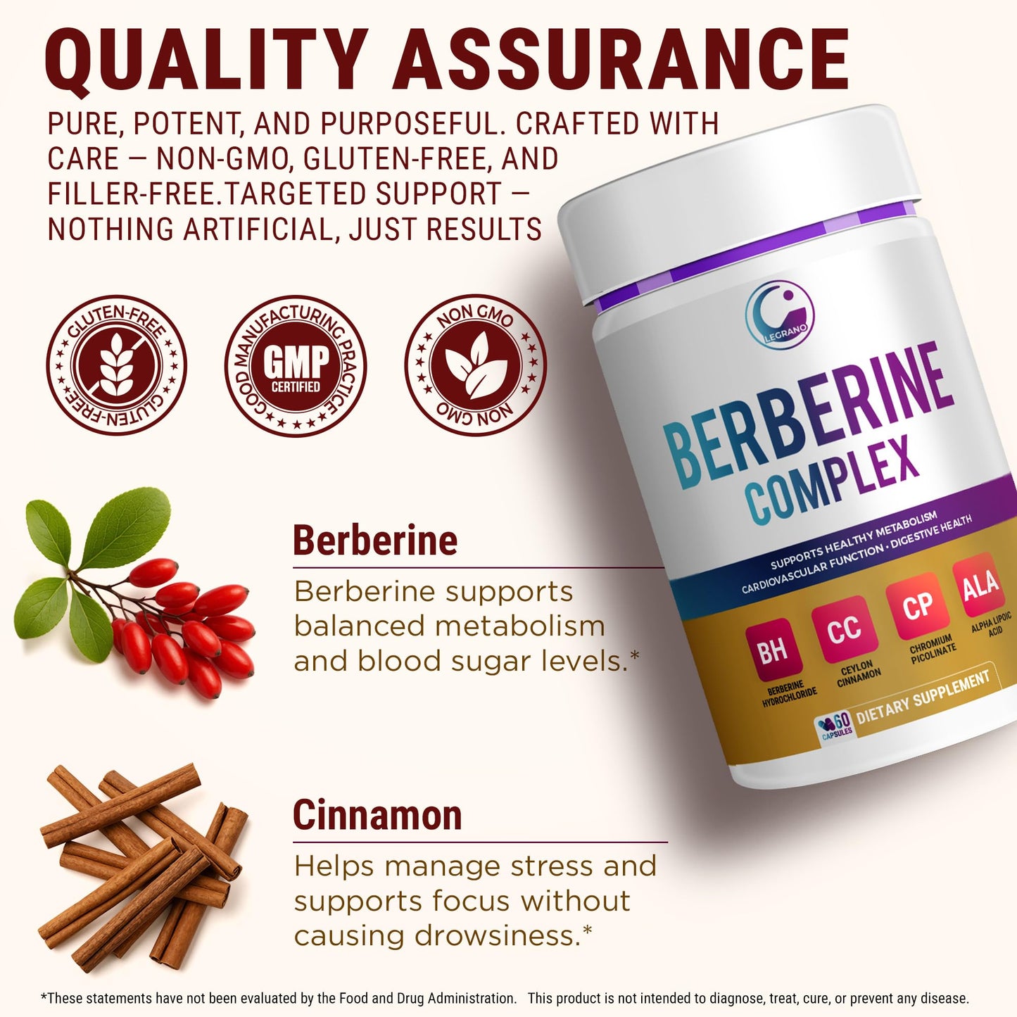 LEGRANO Berberine Supplement 500mg with Ceylon Cinnamon, ALA & Chromium – Berberine Complex for Glucose Metabolism & Heart Support – 60 Vegan Capsules
