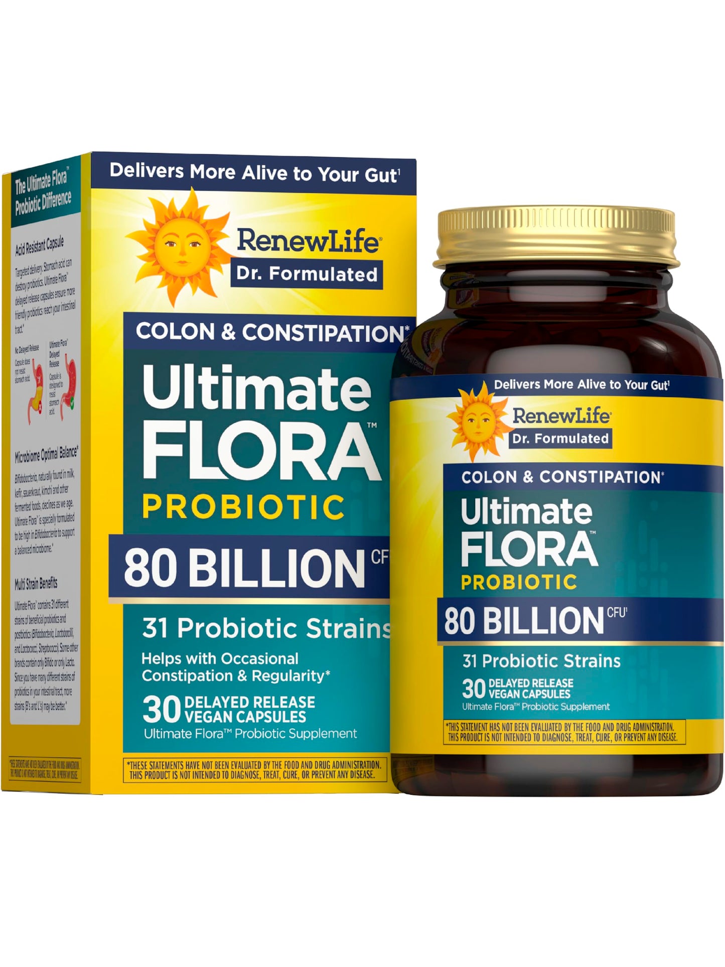 Renew Life Ultimate Flora Probiotics Colon & Constipation Support 80 Billion CFU Delayed Release Vegan Capsules, 30 Count