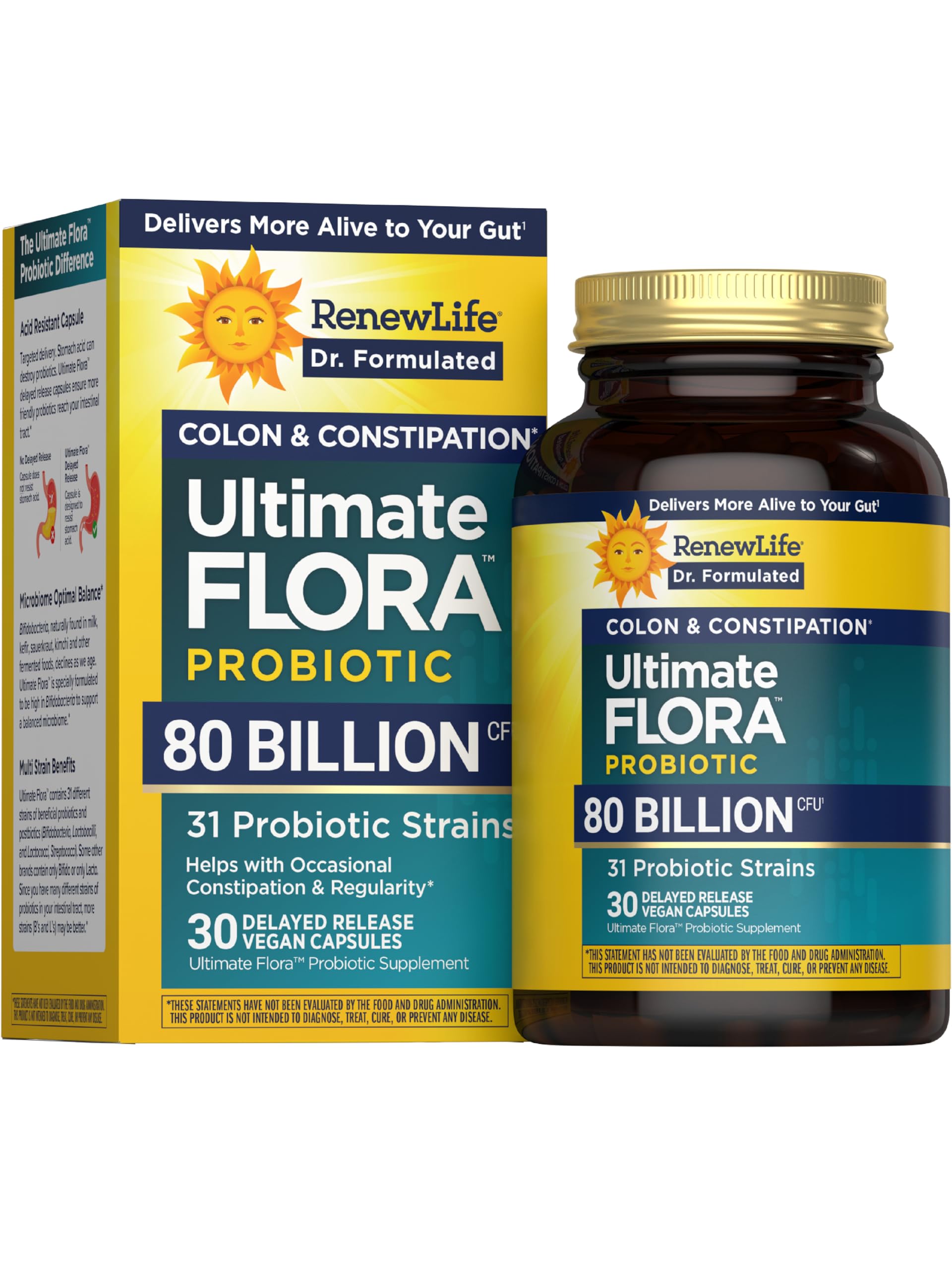 Renew Life Ultimate Flora Probiotics Colon & Constipation Support 80 Billion CFU Delayed Release Vegan Capsules, 30 Count