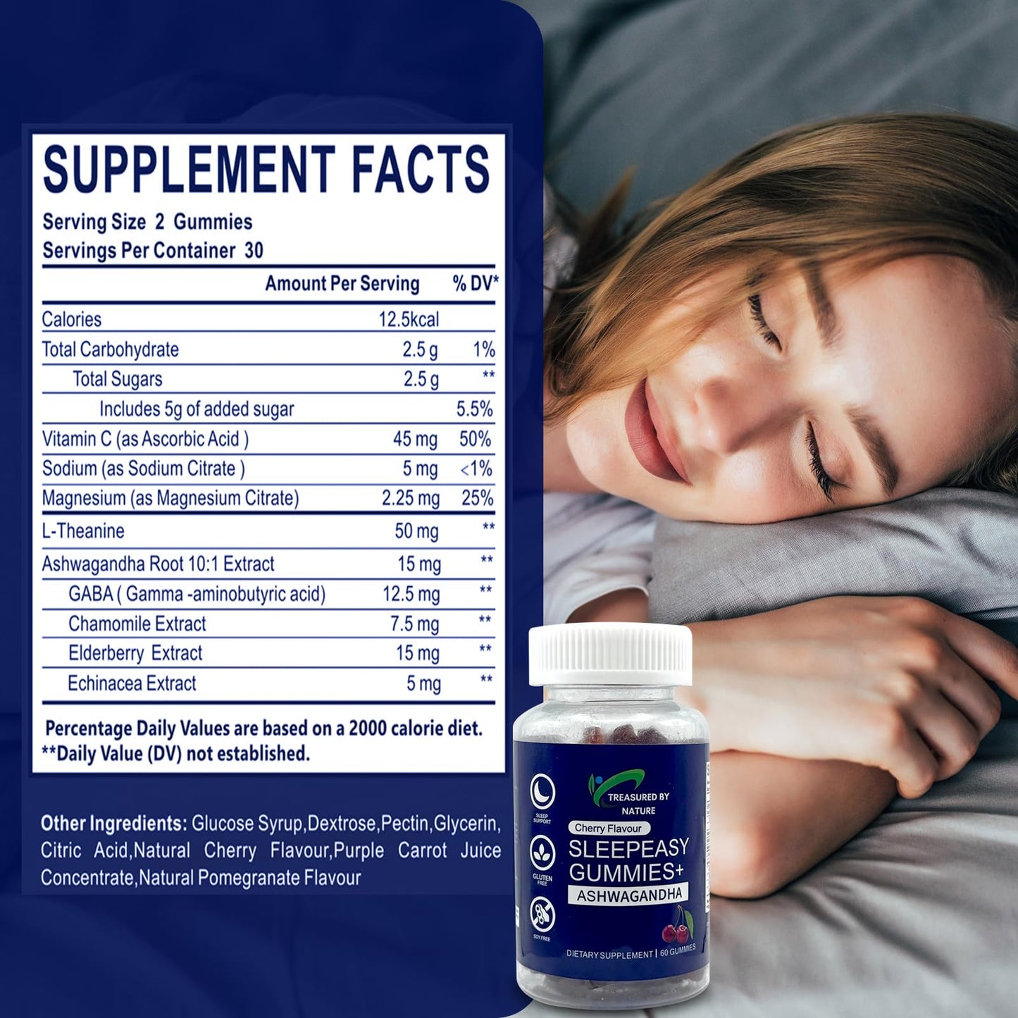 Treasured by Nature Sleep Easy Gummies Melatonin-Free Nighttime Relaxation Aid with Ashwagandha, Magnesium Citrate & L-Theanine Calming Stress Relief Supplement 60 Count