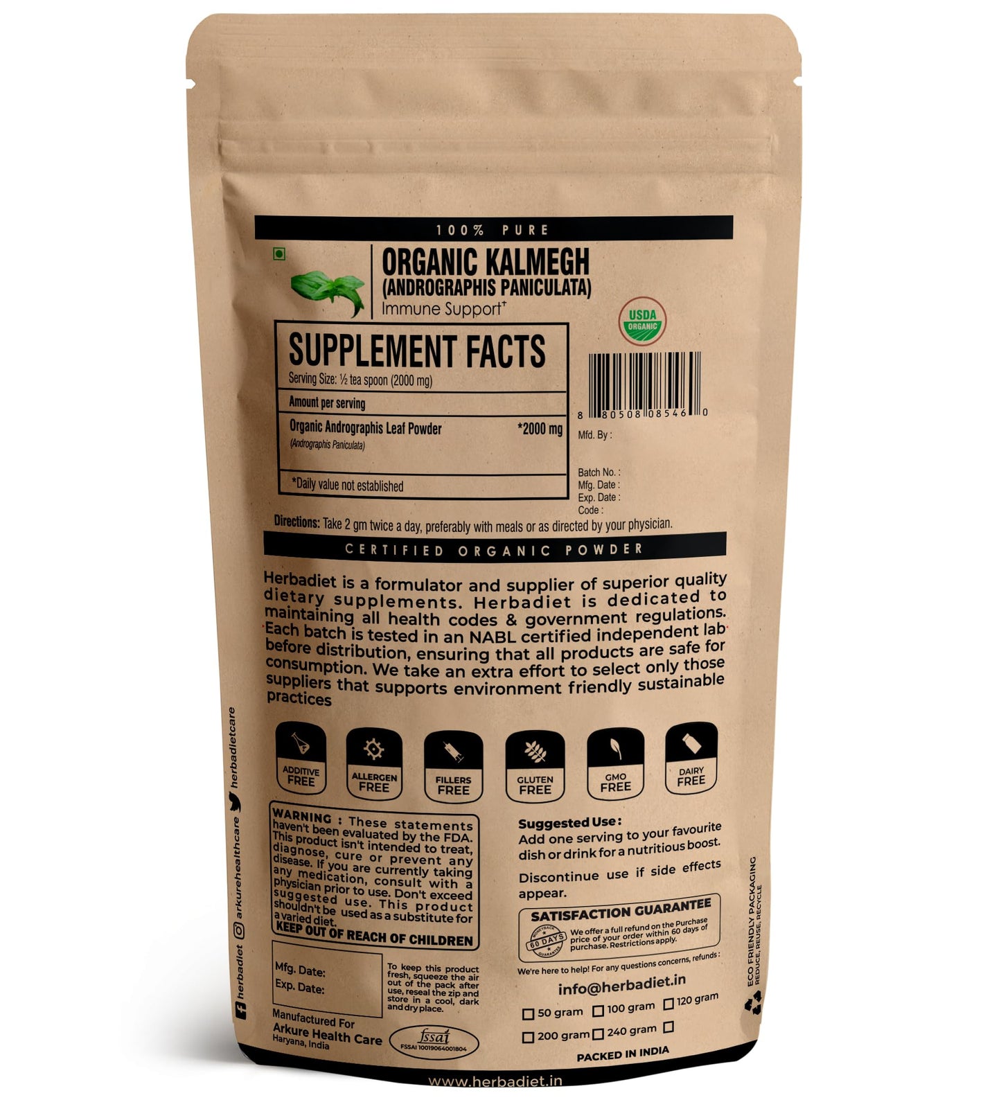 Herbadiet Andrographis Paniculata Powder, Certified Organic, Non-GMO, 8 oz