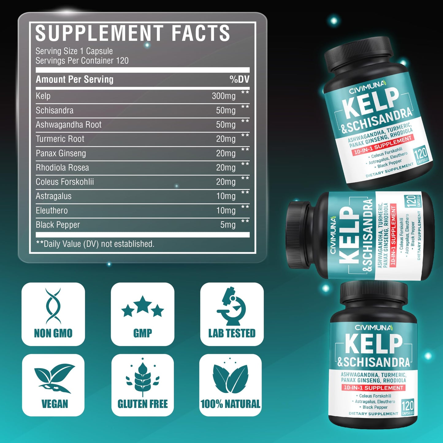CIVIMUNA Kelp Extract Capsules with Kelp, Schisandra, Ashwagandha and More, 120 Capsules