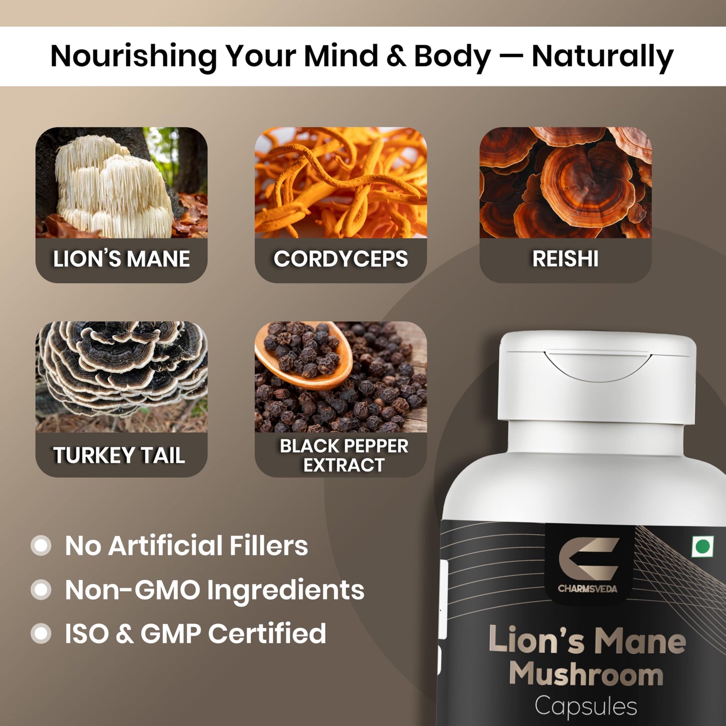 CHARMSVEDA Lion's Mane Mushroom Capsules with Cordyceps, Reishi & Turkey Tail – Mushroom Complex for Brain & Focus Support, Immune Support, Memory & Overall Wellness, 60 Capsules