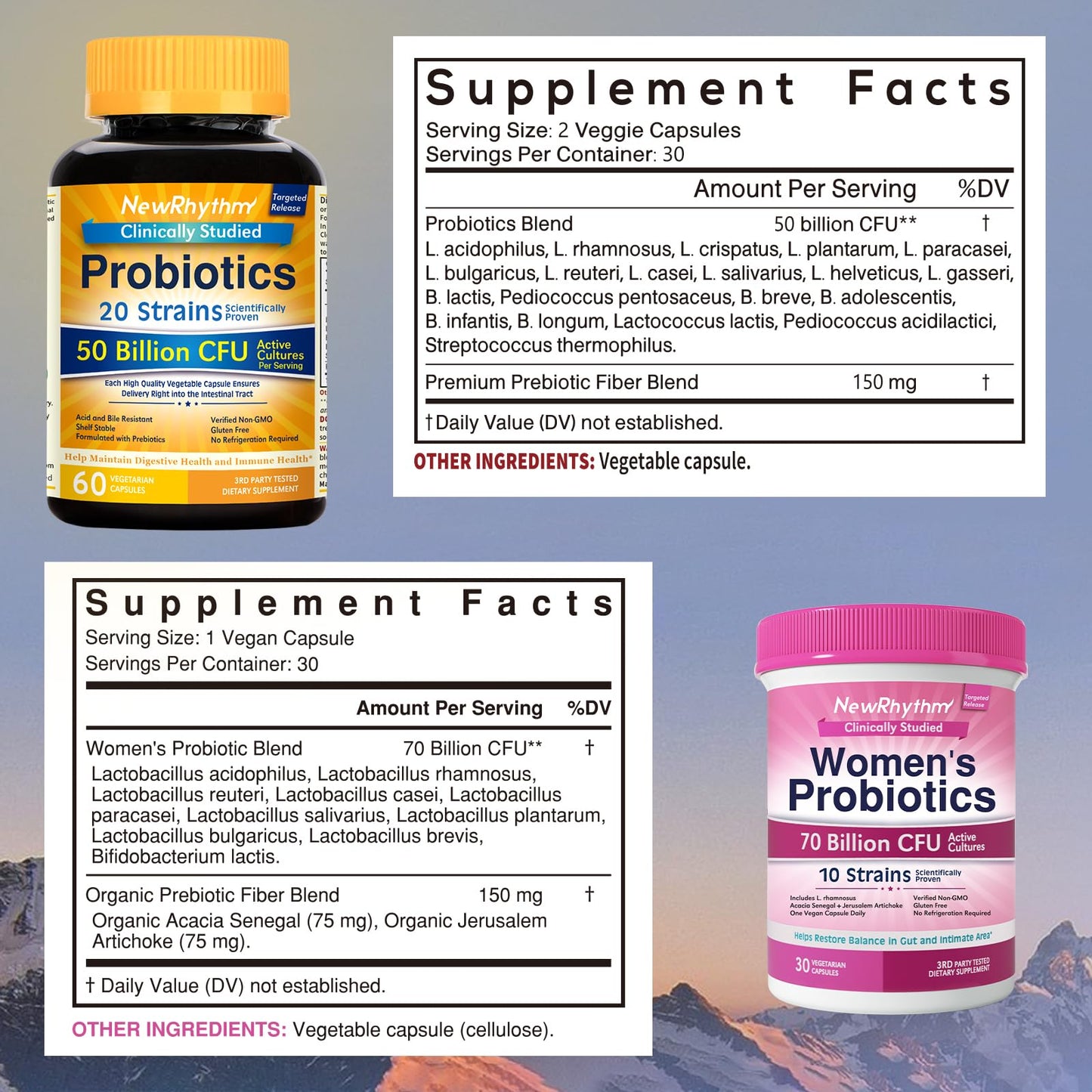 NewRhythm Gut & Feminine Health Bundle, Probiotics 50 Billion CFU & Women's Probiotics 70 Billion CFU, Daily Gut Health & Feminine Care, 90 Capsules
