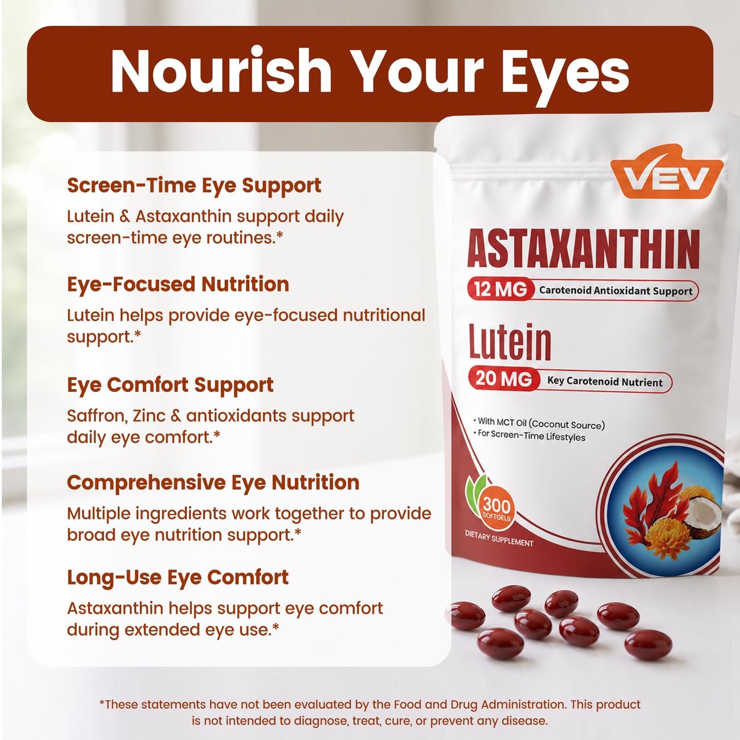 VEV Astaxanthin 12mg & Lutein 20mg Supplements with MCT Oil Softgels, 300