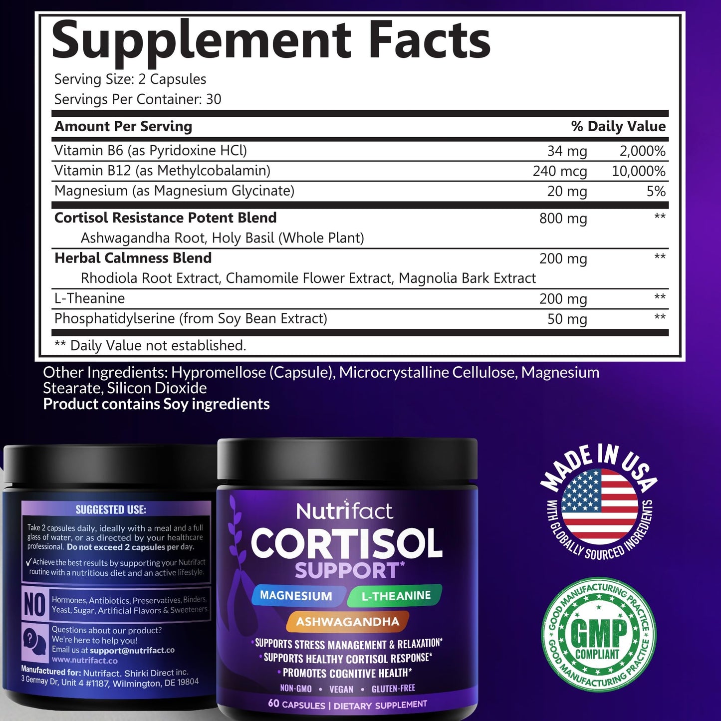 NutriFact Cortisol Supplements for Women & Men – Cortisol Reducer with Ashwagandha, Magnesium, L-Theanine & Vitamin B Complex – Stress Relief, 60 Capsules