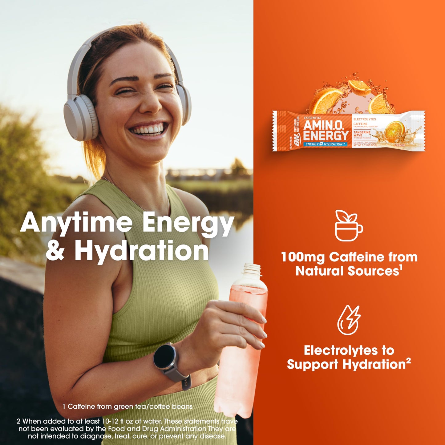Optimum Nutrition Essential Amino Energy Plus Electrolytes Stick Packs, Energy Powder, Tangerine Wave, 7 Count