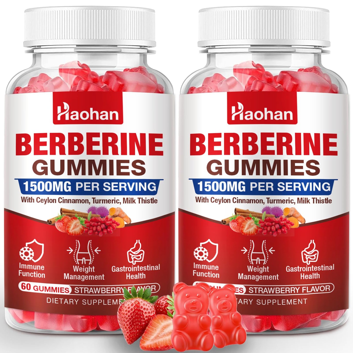 Haohan Berberine Gummies, 1500mg High Potency Berberine HCl, Ceylon Cinnamon & Milk Thistle, Immune System & Metabolism Support, Vegan, Strawberry Flavor, 120 Count