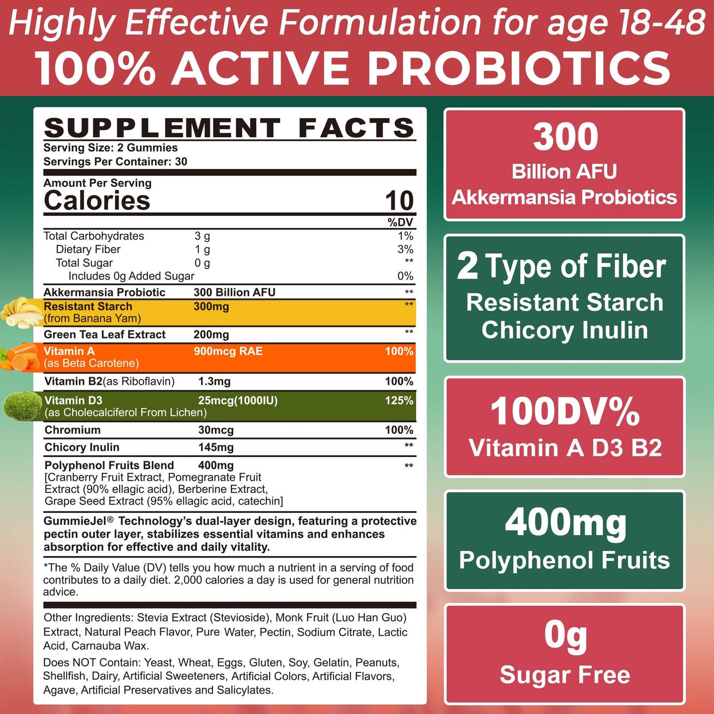 Nextdia Akkermansia Probiotics Gummies with Prebiotics Fiber, GLP-1 Akkermansia Muciniphila Supplement with Polyphenol Fruits, Resistant Starch, Vitamin A D3 B2 for Metabolism, Digestive & Gut Health, 60 Gummies