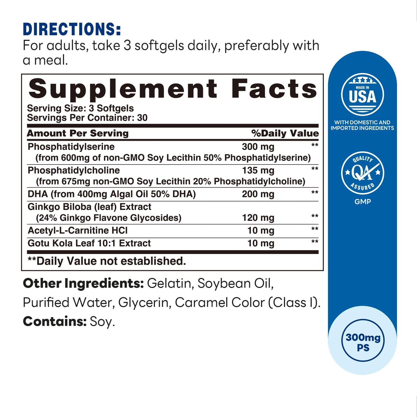 Vitamin World Phosphatidylserine 300mg w/DHA & Ginkgo Biloba Softgels 90