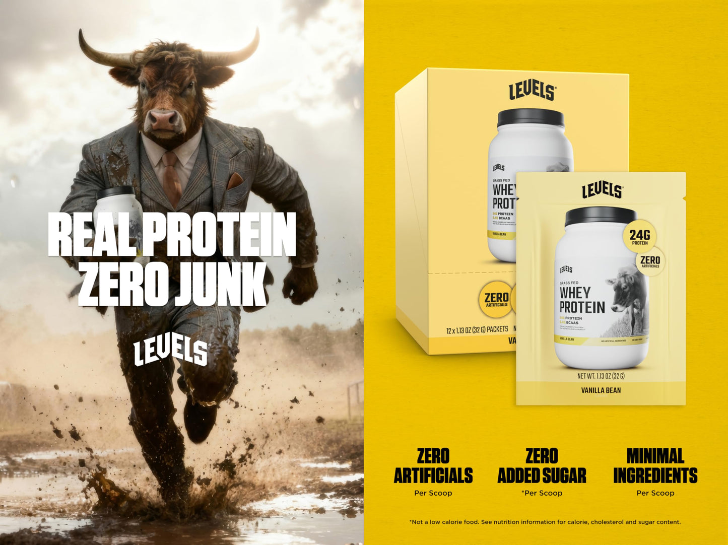 Levels Nutrition Grass Fed Whey Protein Powder Vanilla Bean 14 Count