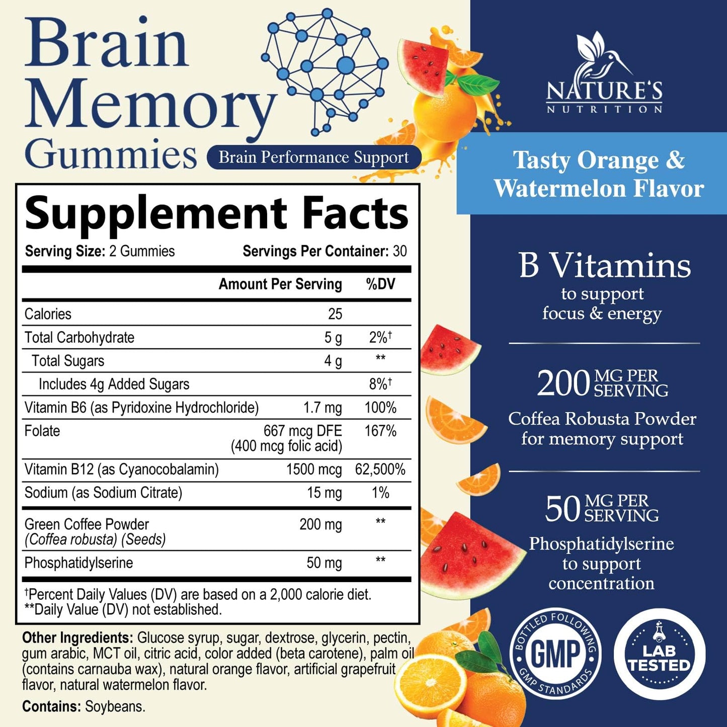 Nature's Nutrition Brain Supplements Gummies 3X Strength Nootropics for Memory, Focus, Concentration with Phosphatidylserine, B6, B12 - Clarity Support - 60 Gummies