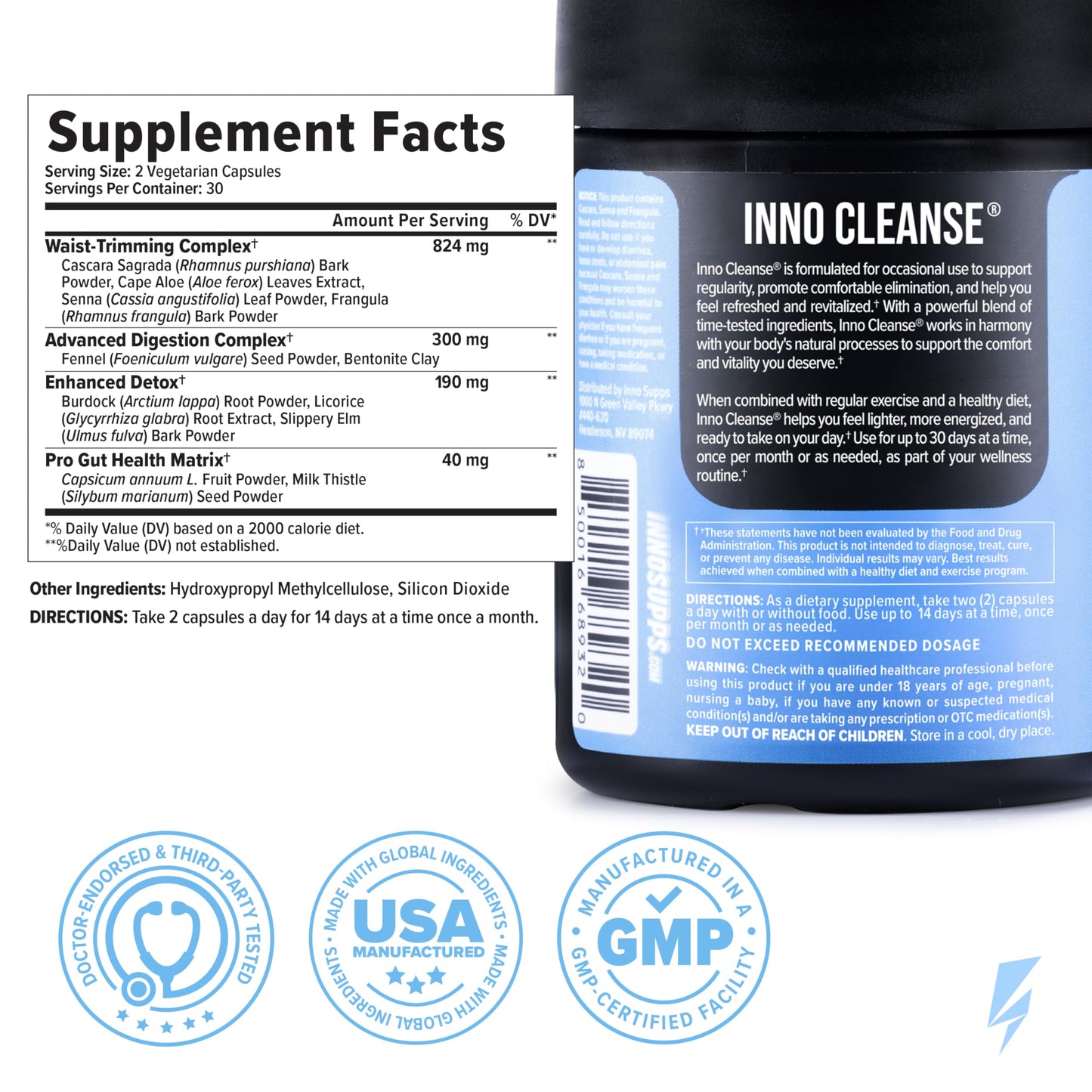 InnoSupps Inno Cleanse 2X 14 Day Colon & Detox Flush, Waist Trimming Complex, Gut Cleanse, Digestive System Support, Stool Softener & Reduced Bloating & Occasional Constipation Relief 60 Capsules