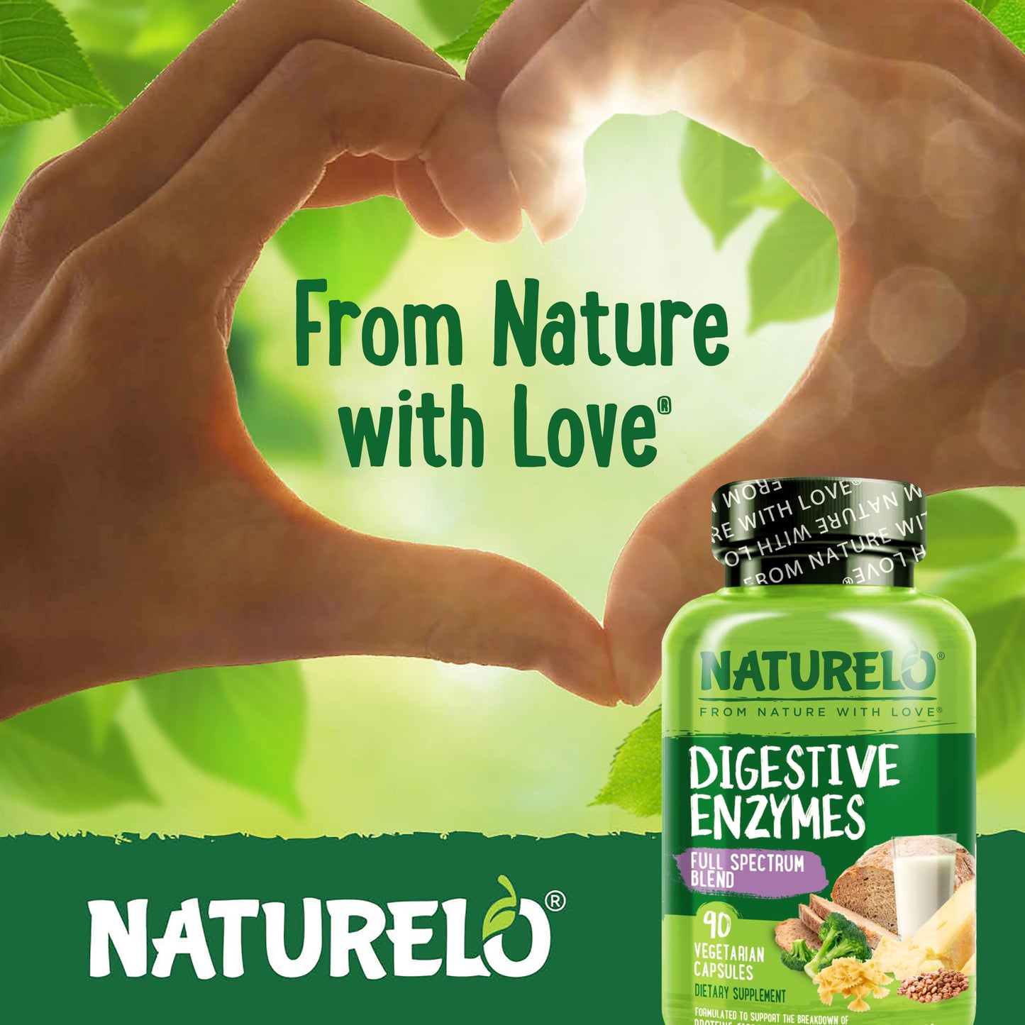 NATURELO Digestive Enzymes - Full Spectrum Support with a Broad Blend of 15 Enzymes Plus Ginger, 90 Capsules