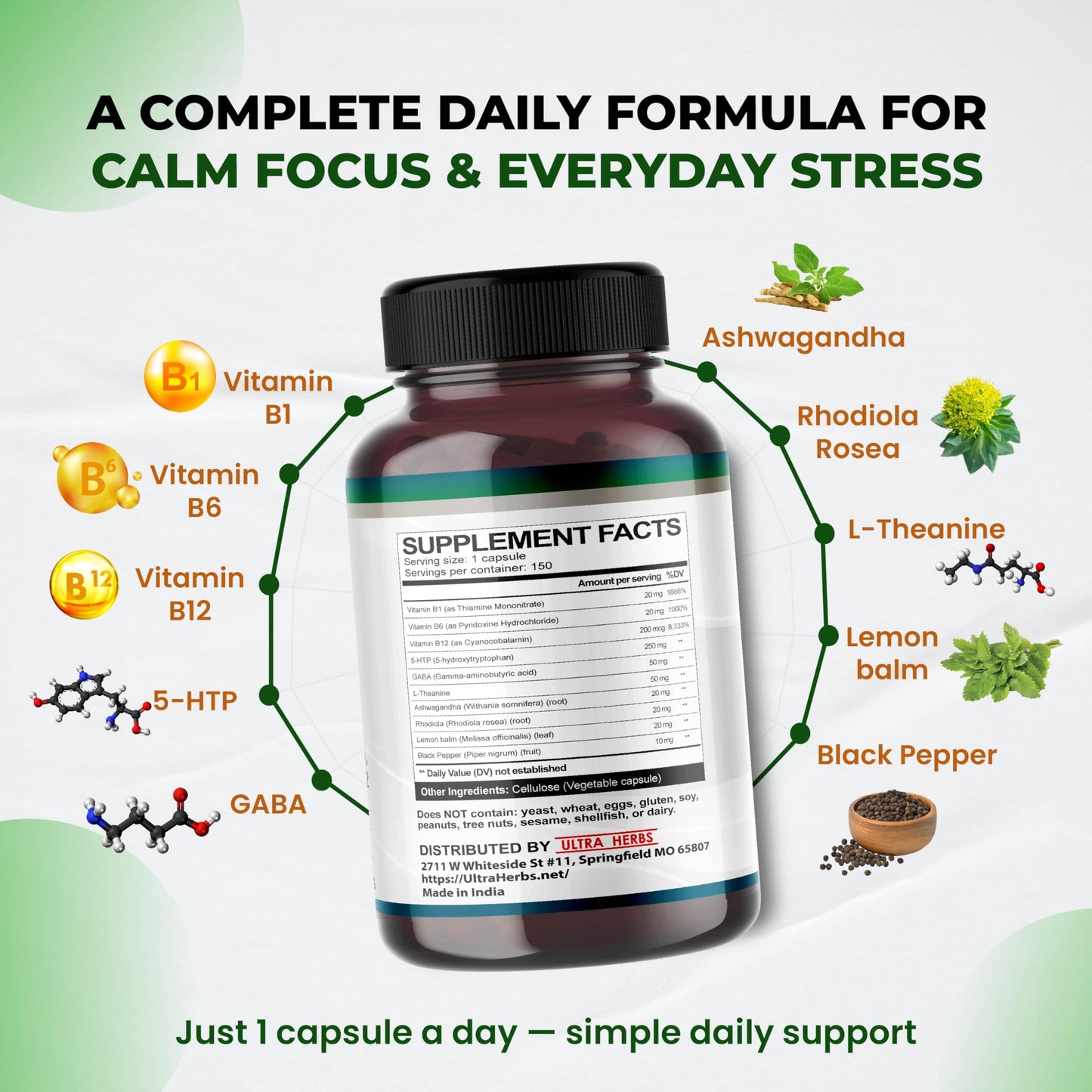 ULTRA HERBS 5-HTP with GABA, L-Theanine, Ashwagandha, Lemon Balm, Rhodiola, Vitamins B1, B6, B12 – 150 Vegetable Capsules
