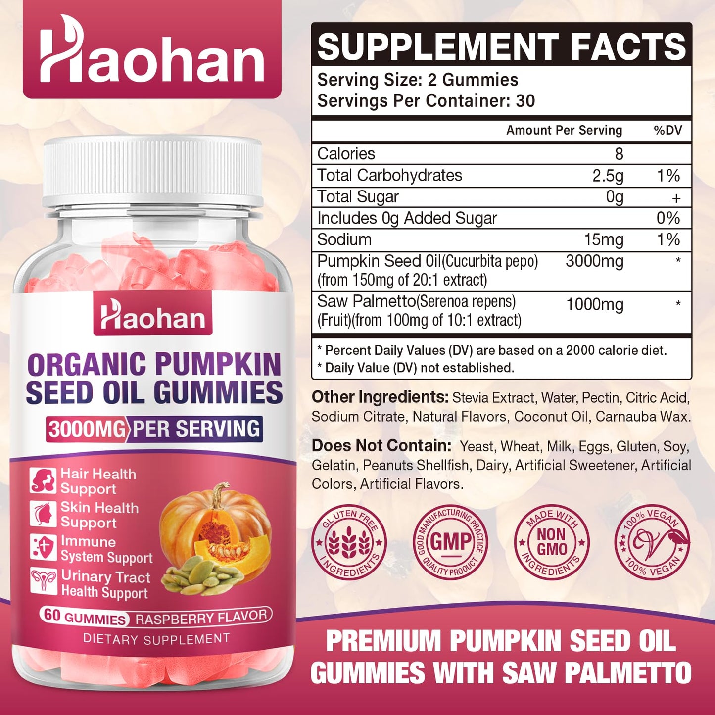 Haohan Pumpkin Seed Oil Gummies with Saw Palmetto for Hair Growth in Women & Men - Organic Hair Skin & Nails Supplement with High-Purity Extract - Raspberry Flavor, Sugar-Free, Non-GMO, 2 Bottles