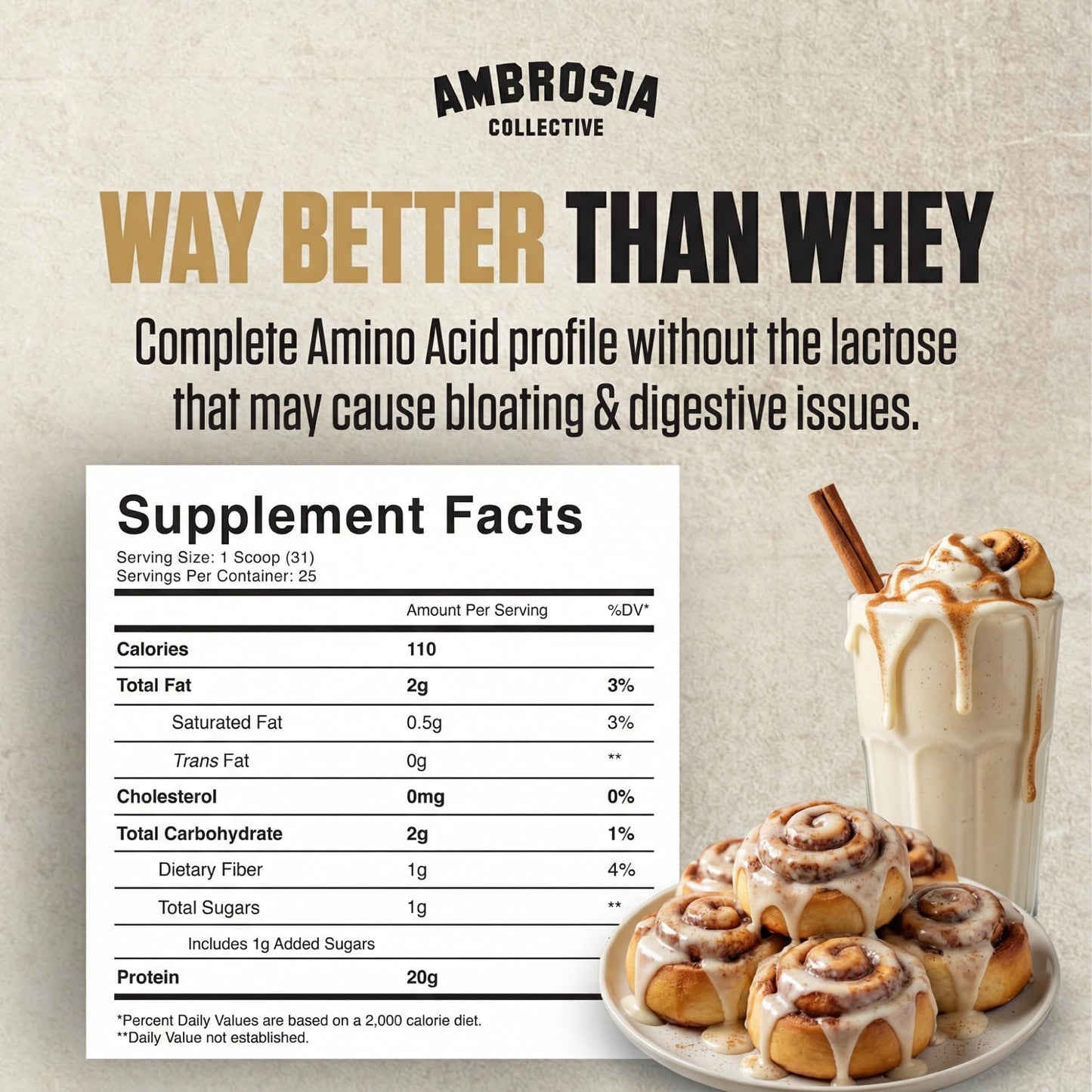 Ambrosia Plant Based Protein Powder Cinnamon Roll, 25 Servings