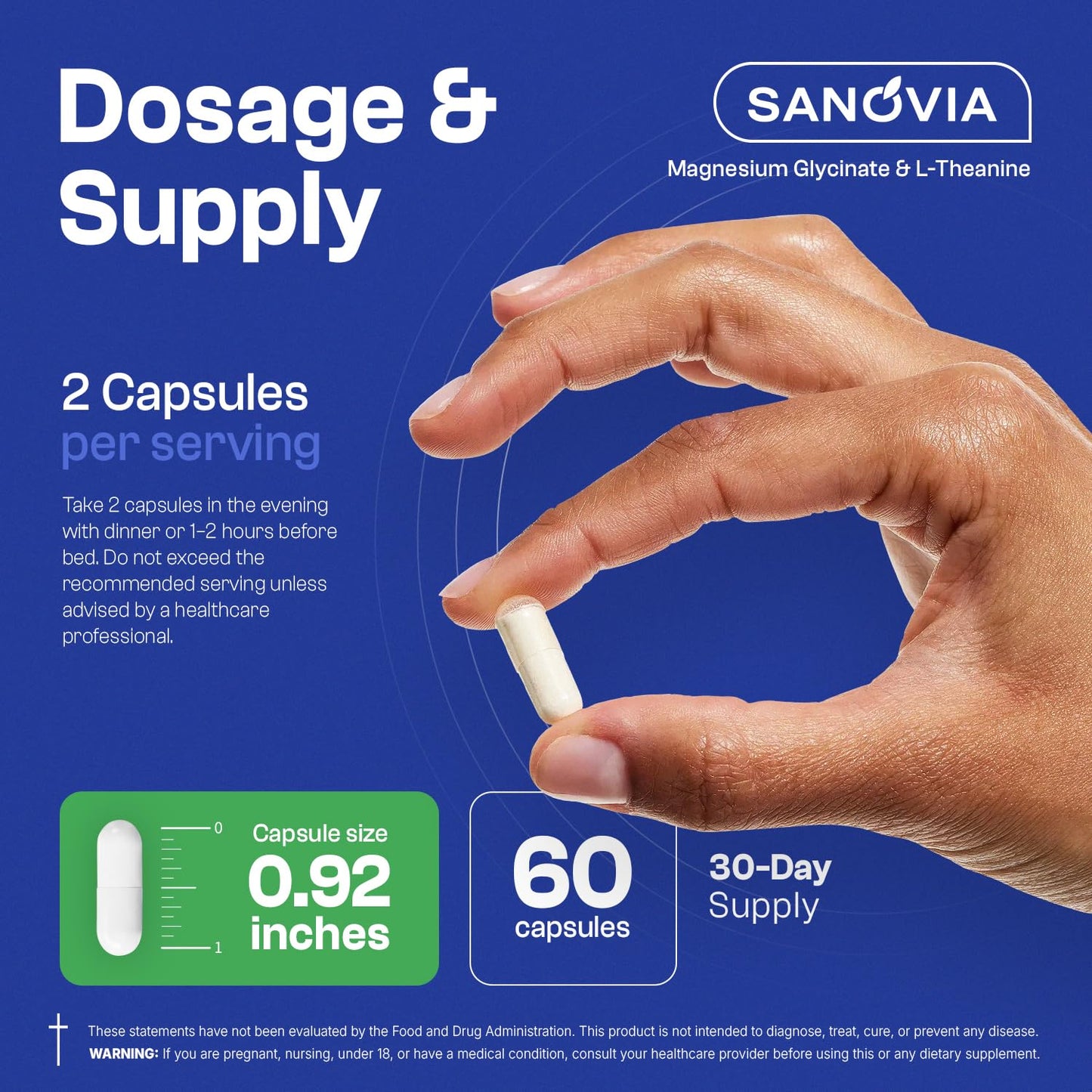 SANOVIA Magnesium Glycinate with L-Theanine 200mg & Chamomile 10:1, 150mg Magnesium Sleep & Calm Support, 60 Capsules