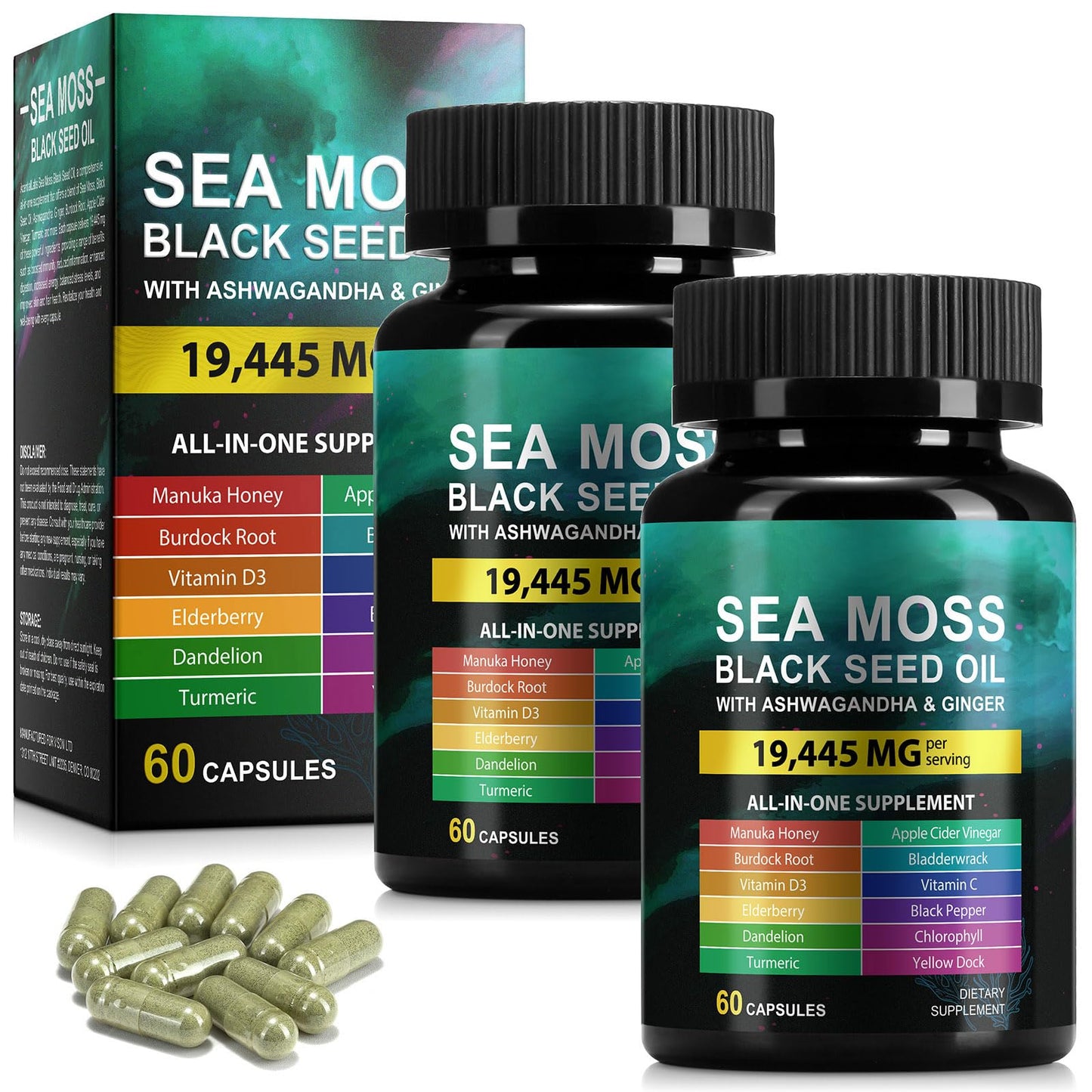 MXCZBSM Sea Moss Black Seed Oil Ashwagandha Ginger Capsule Supplement with Turmeric Bladderwrack Burdock & Vitamin C & Vitamin D3, 120 Capsules