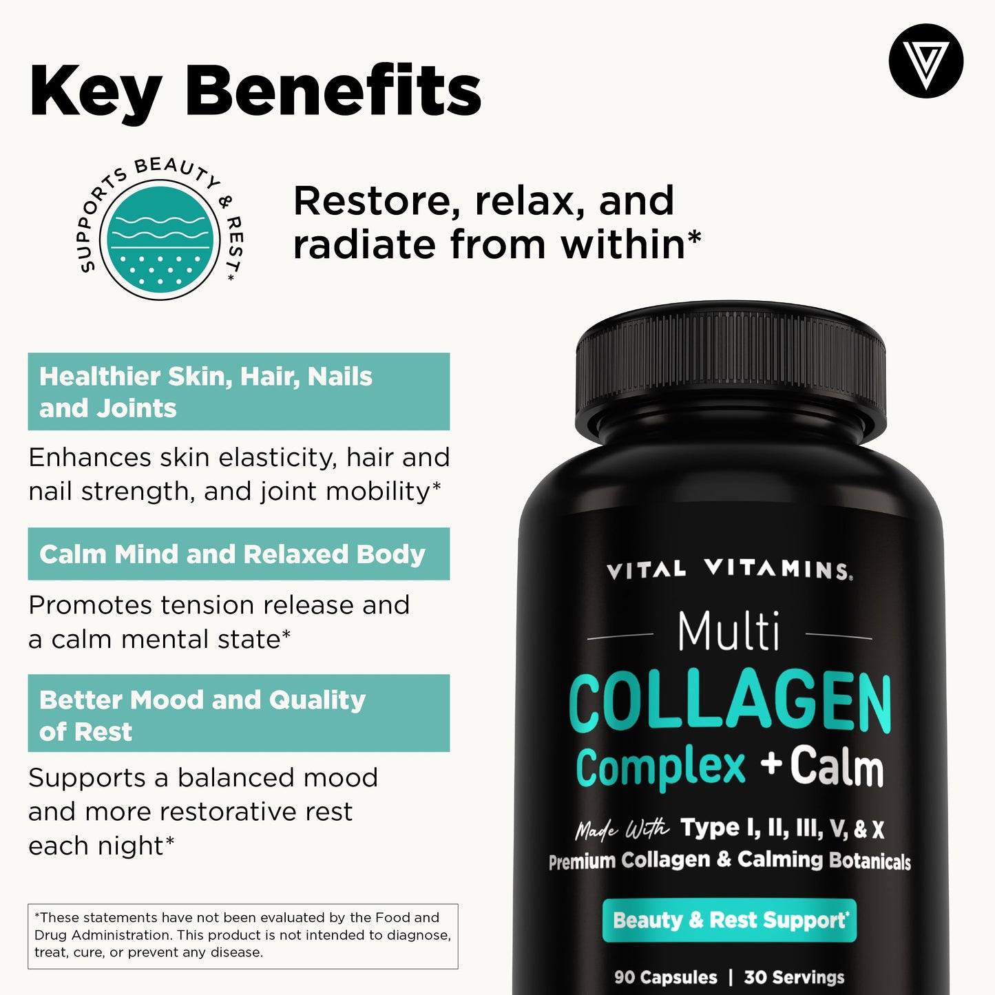 Vital Vitamins Multi Collagen Complex + Calm with Ashwagandha, 90 Capsules