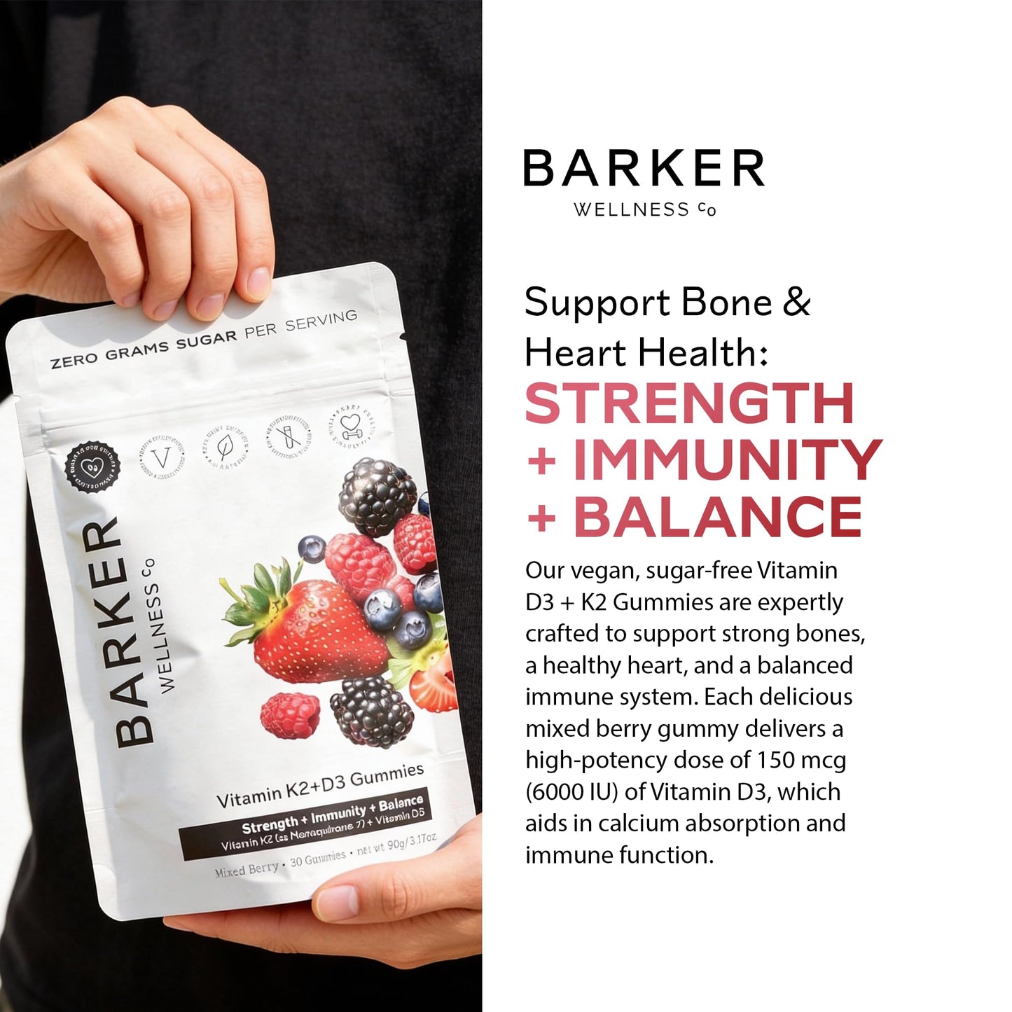 Barker Wellness Co D3 K2 Vitamin Gummies Max Potency 6000IU D3 + 200mcg K2, Vegan Sugar-Free Mixed Berry, Gummy, 30 Count