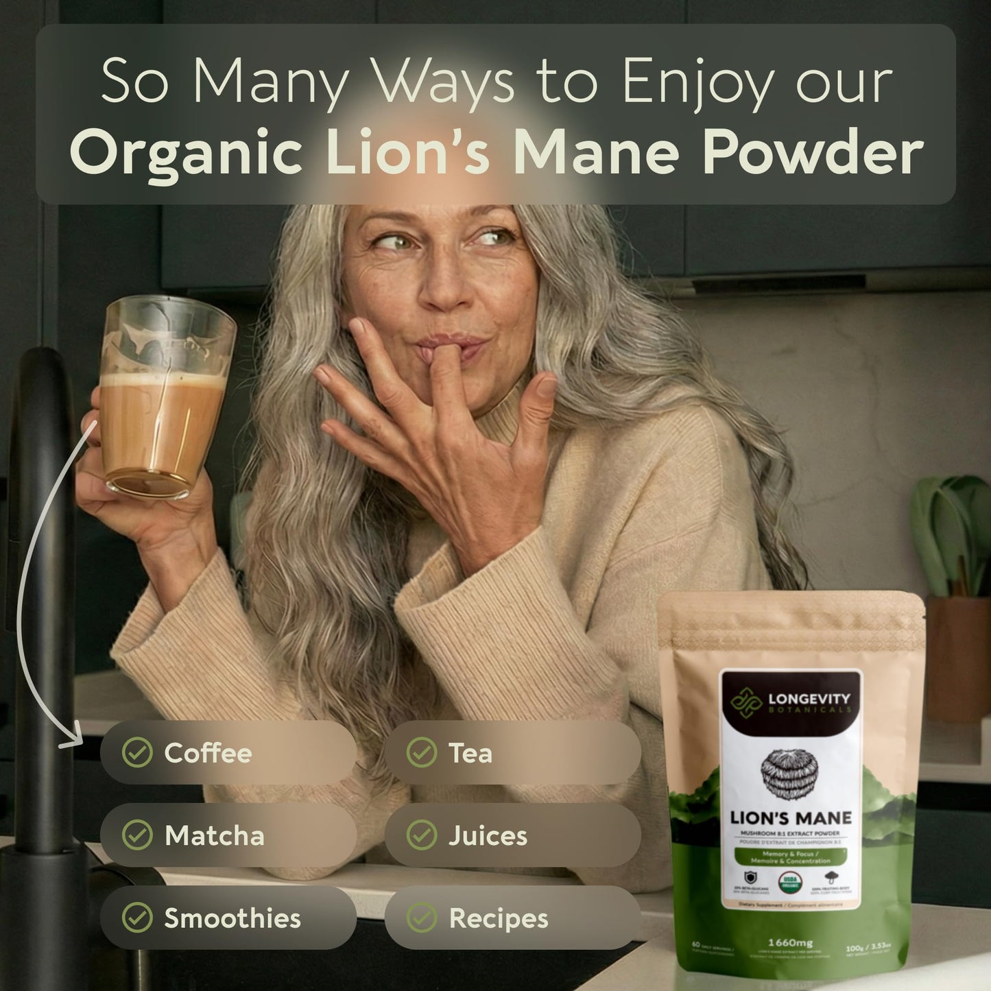 Longevity Botanicals Organic Lion's Mane Mushroom Powder Supplement 3.53 oz