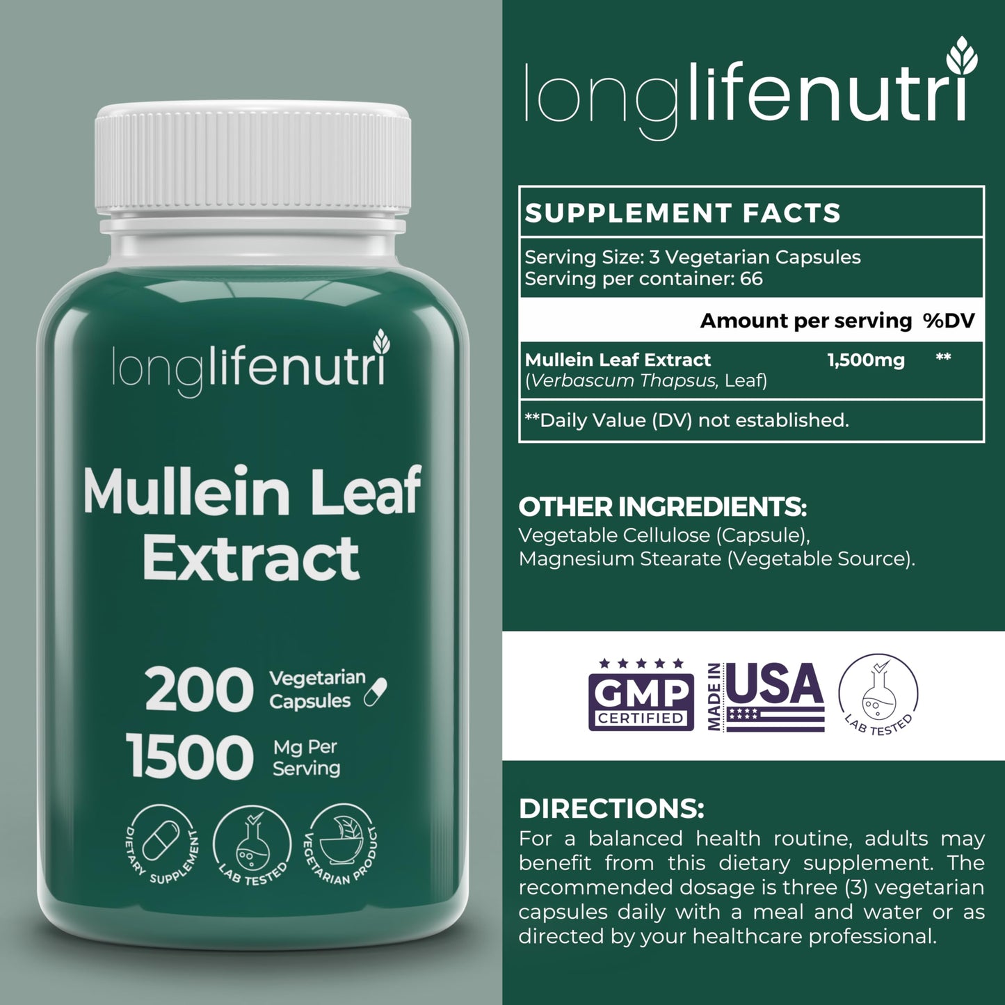 LongLifeNutri Mullein Leaf 1500mg 10:1 Extract - 200 Vegetarian Capsules