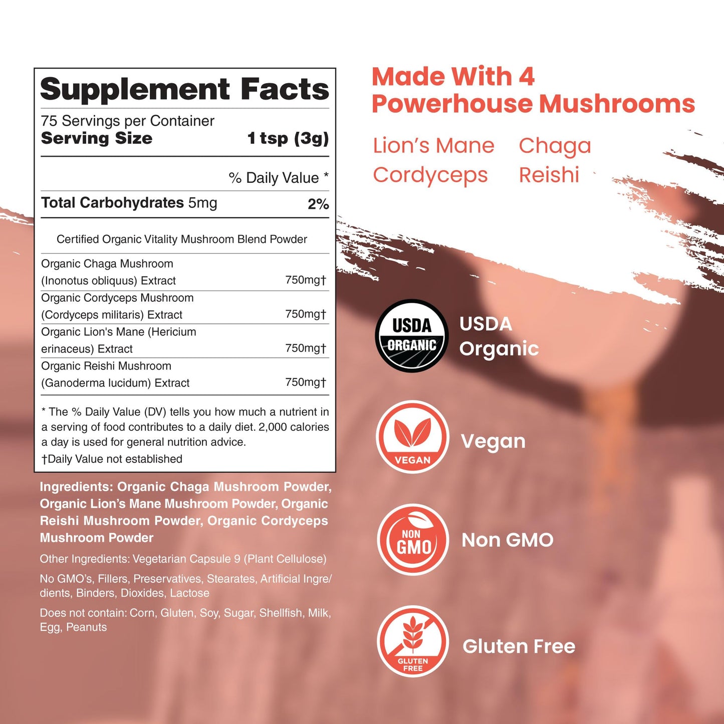 Dr. Botanical Health Organic Mushroom Powder Blend - 4-in-1 Reishi, Lion’s Mane, Cordyceps & Chaga Mushroom Supplement Extract Complex, Powder, 8