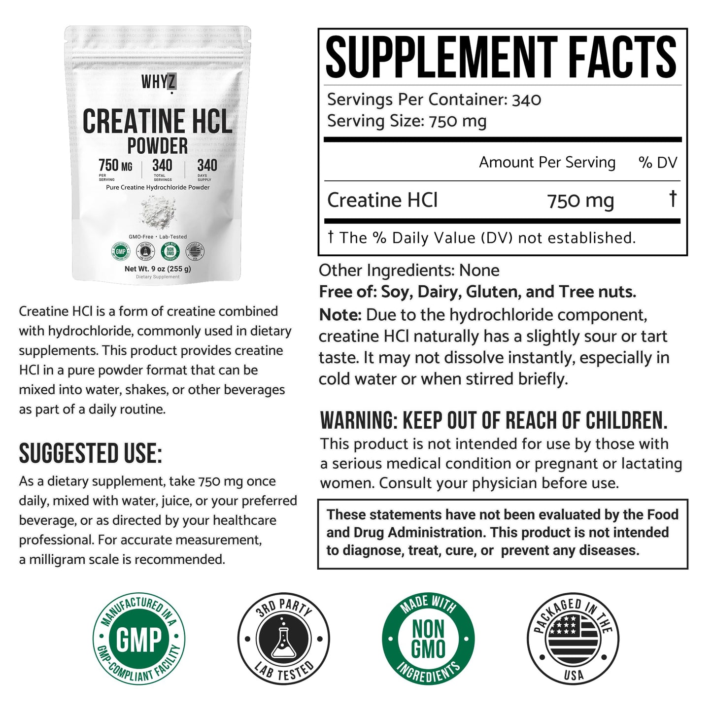 WHYZ Pure Creatine HCL Powder, 9 oz