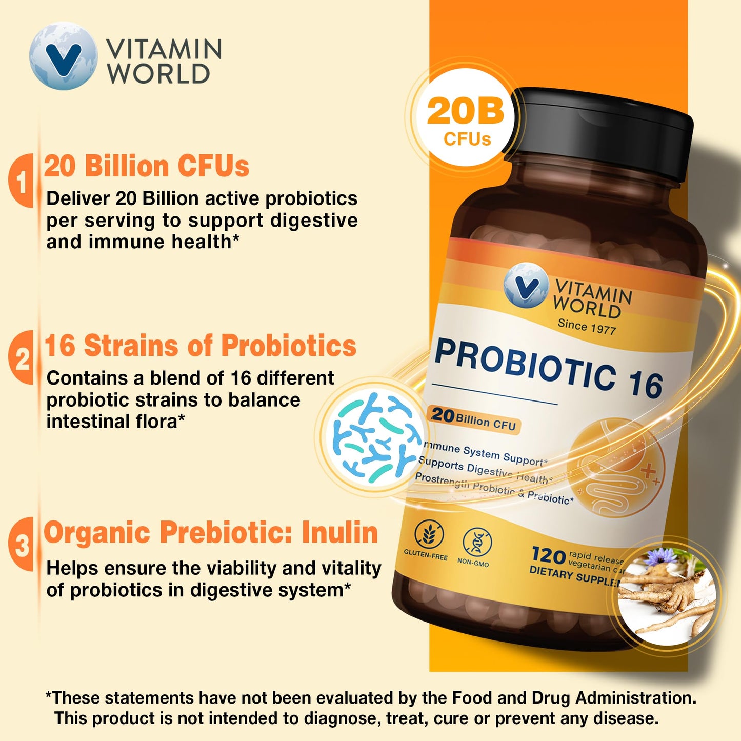 Vitamin World Probiotic 16, 20 Billion CFU, 16 Strains with Prebiotic Fiber Capsules 120 Count