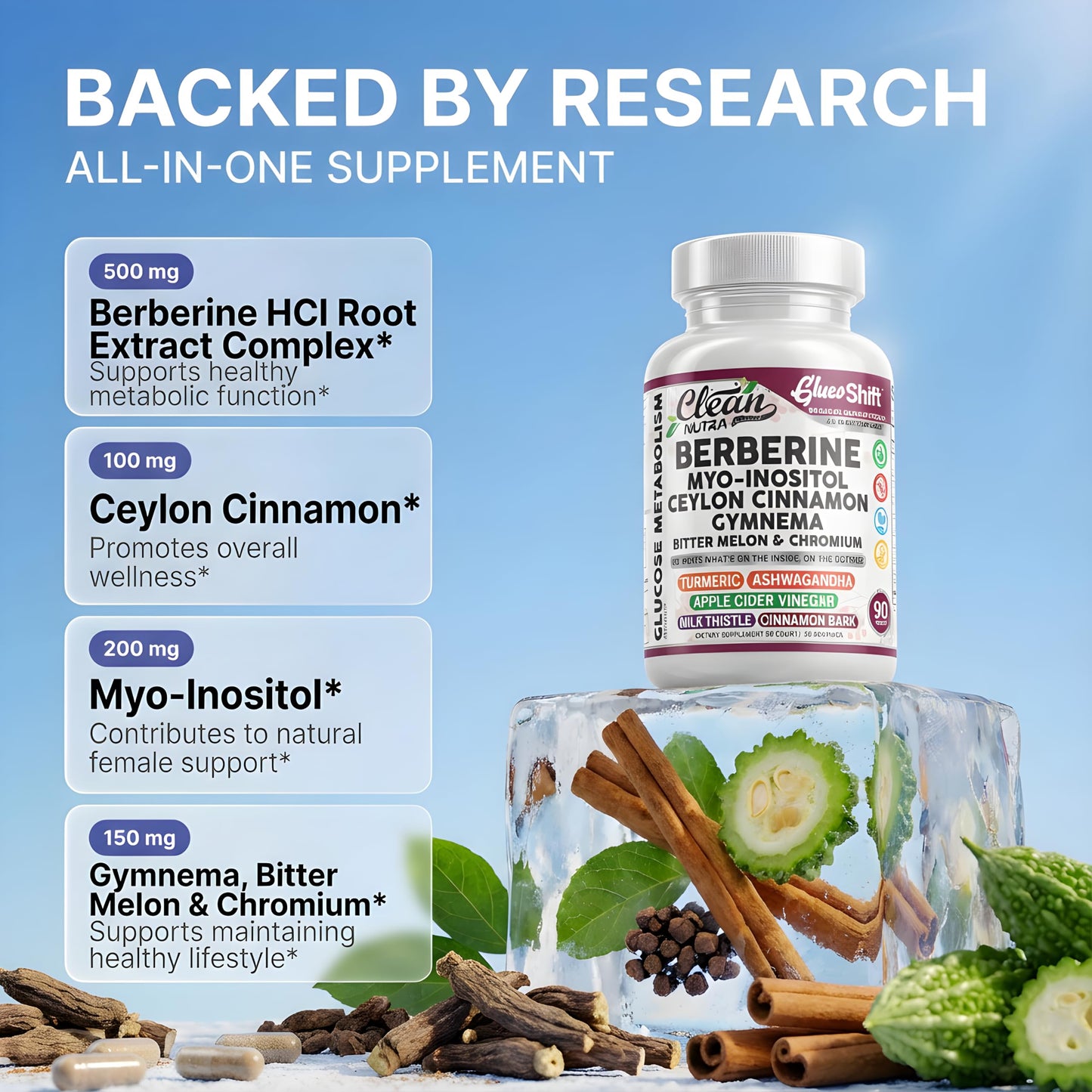 Clean Nutraceuticals Berberine Supplement with Myo-Inositol, Cinnamon, Gymnema, Bitter Melon & Chromium Complex, 90 Capsules