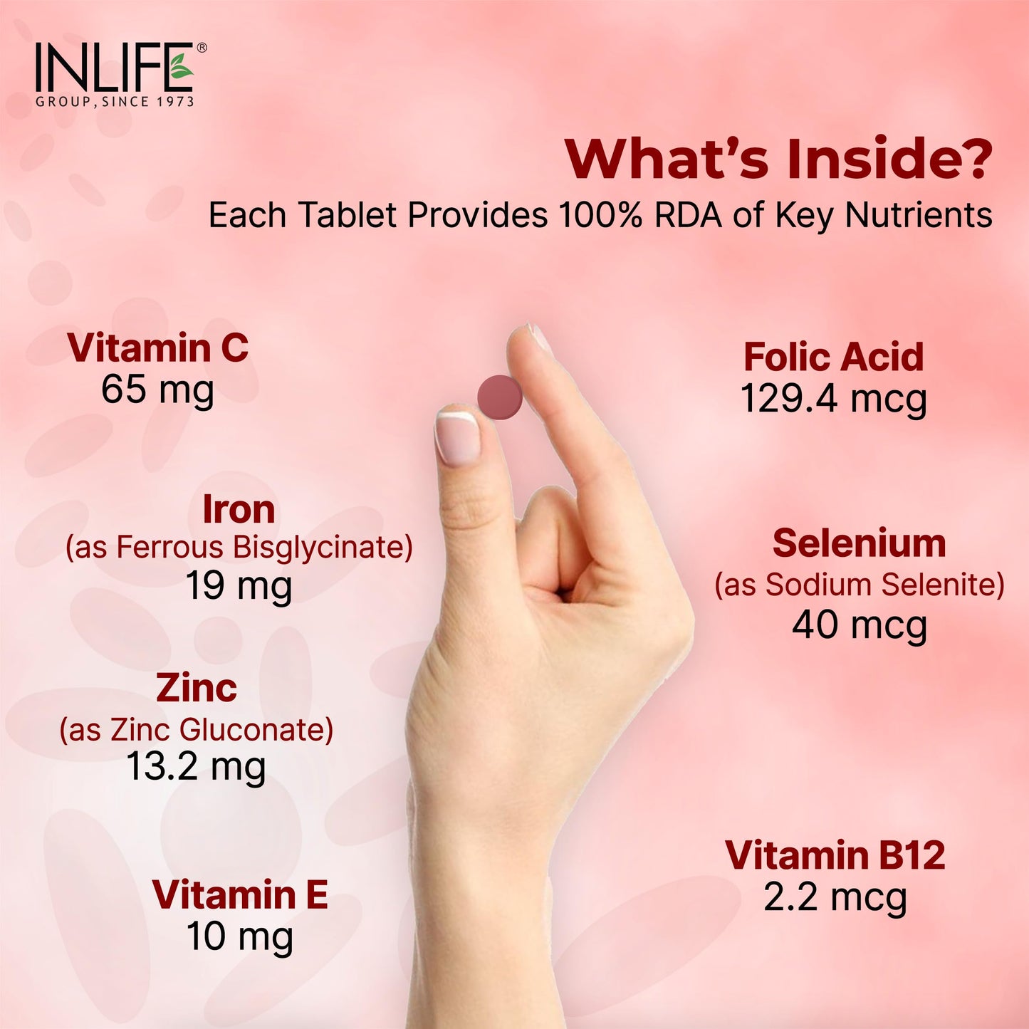 INLIFE Chelated Iron Folic Acid Supplement with Vitamin C, Zinc, Vitamin E, Selenium, & Vitamin B12 Tablet 60 Count