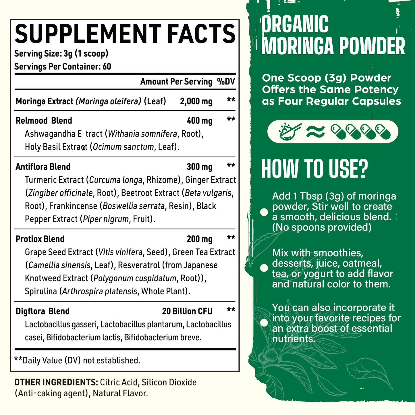 Easinloty Moringa Powder Organic 2000mg with Ashwagandha, Turmeric, 20B CFU Probiotic, 6.3 oz