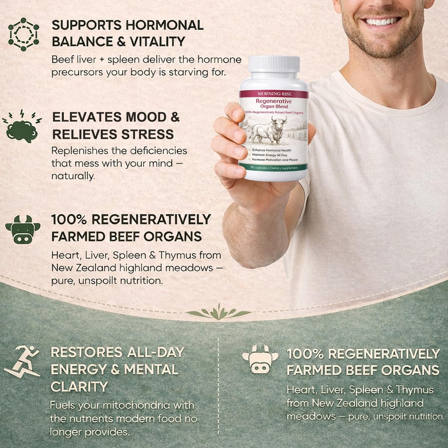 MORNING RISE Beef Organ Supplement Capsules, 90 Capsules