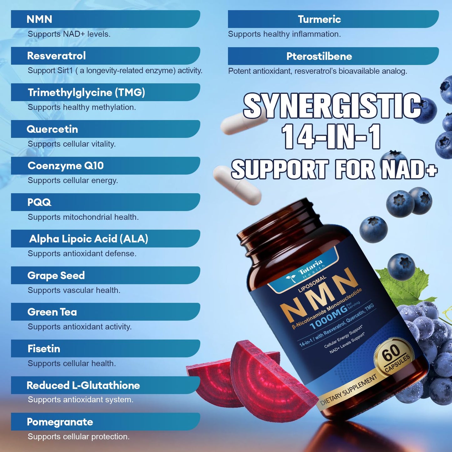 Totaria Liposomal NMN Capsule 1000mg 14-in-1 NMN Resveratrol Complex with CoQ10, TMG, Quercetin, ALA, PQQ NAD Levels Support for Cellular Energy & Healthy Aging, 60 Capsules