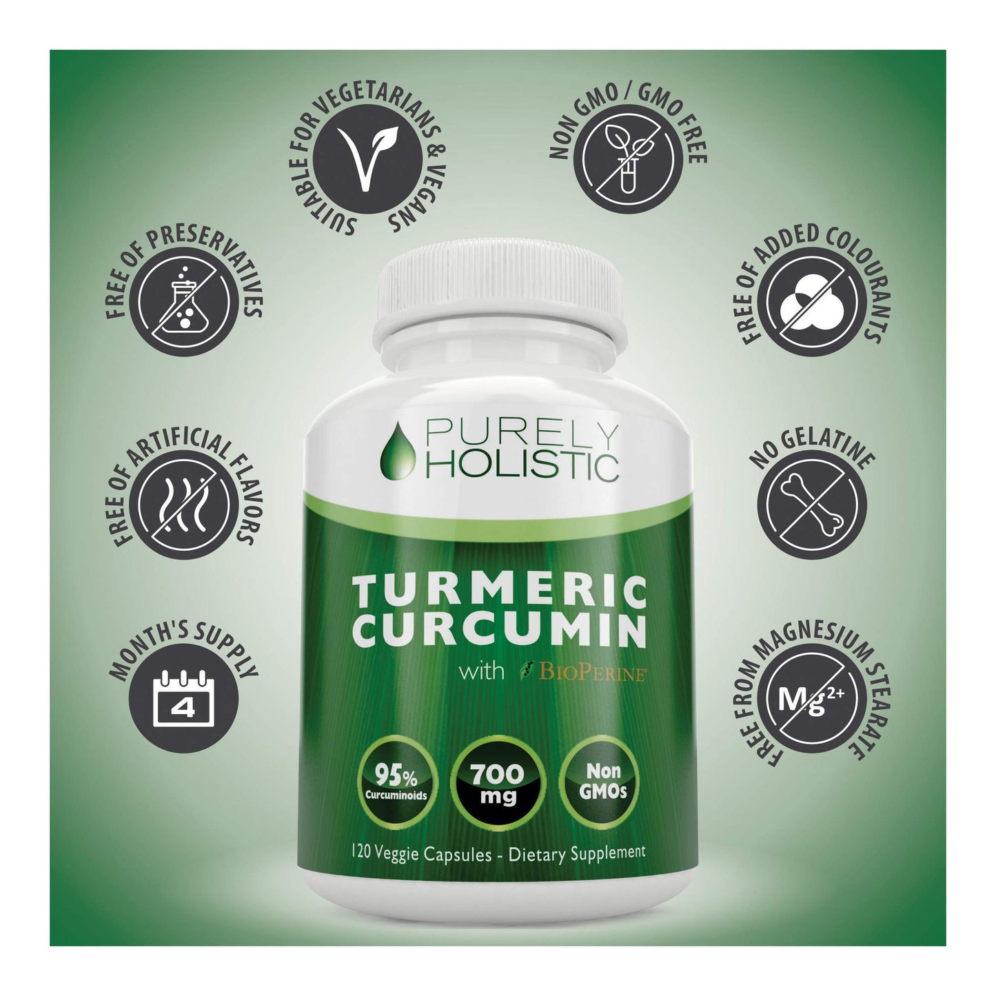 Purely Holistic Turmeric Curcumin with BioPerine Capsules, 700mg per Capsule, 120 Capsules
