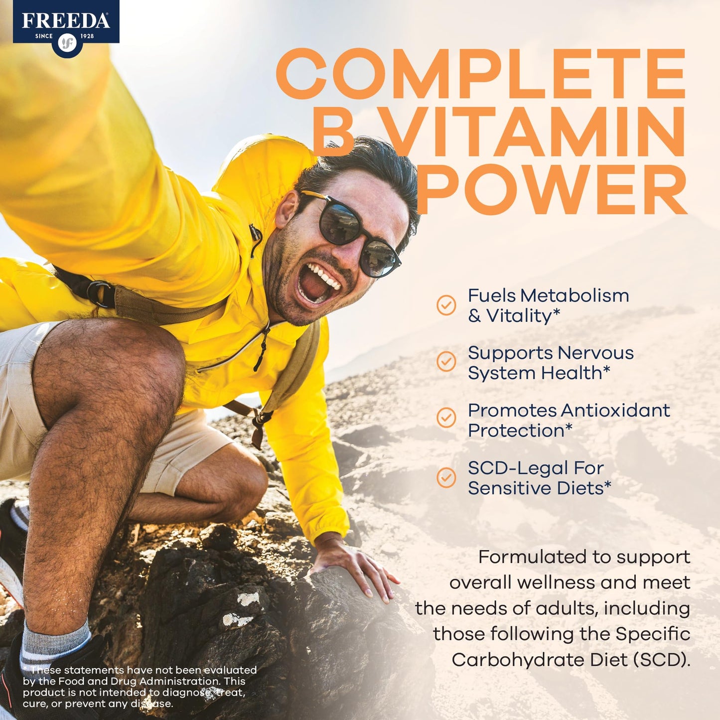 FREEDA Vitamin B Complex with Vitamin C & Zinc – Stress B Complex, Methylfolate & Active B12 + B1 B2 B3 B6 Biotin Choline – BComplex Vitamins for Women & Men – SCD Legal, Kosher, Vegan Capsules, 60 Count