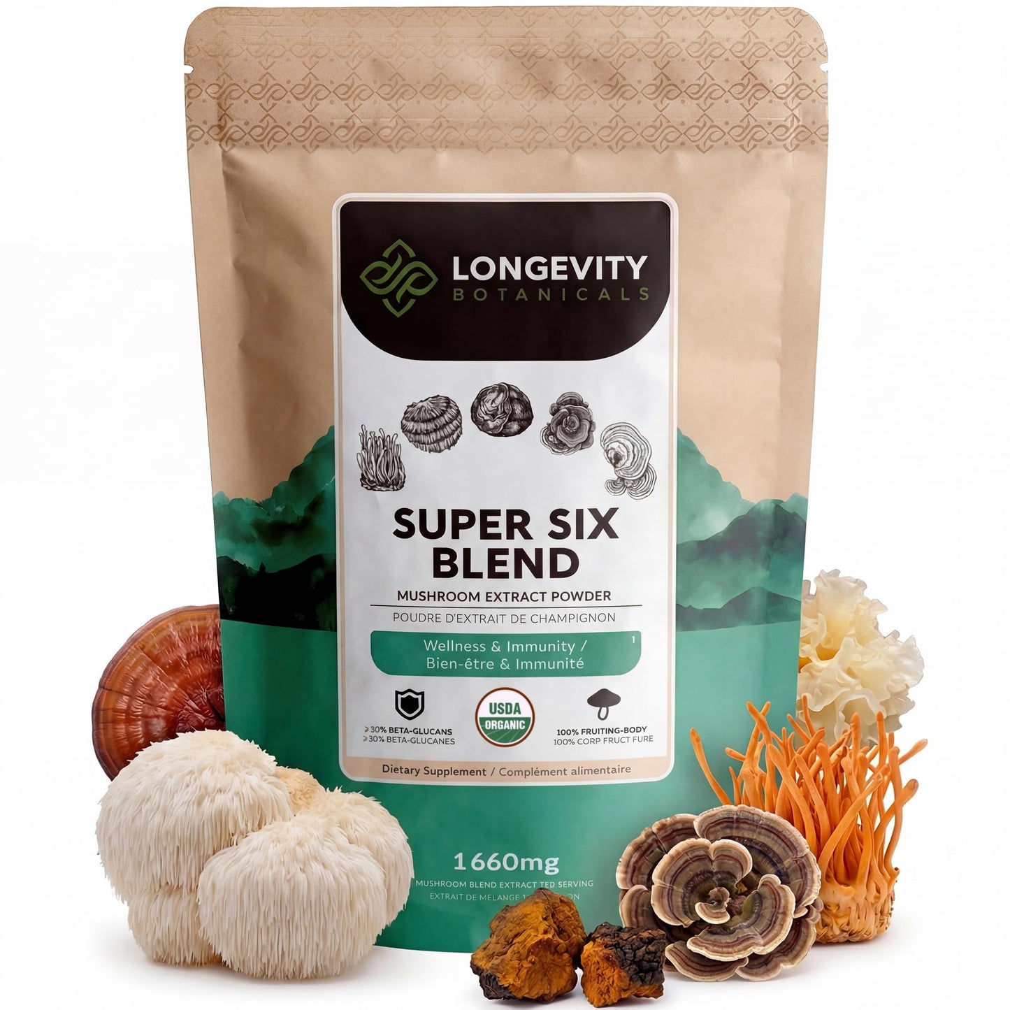 Longevity Botanicals Organic Super Six Mushroom Powder Extract 3.5 Ounce