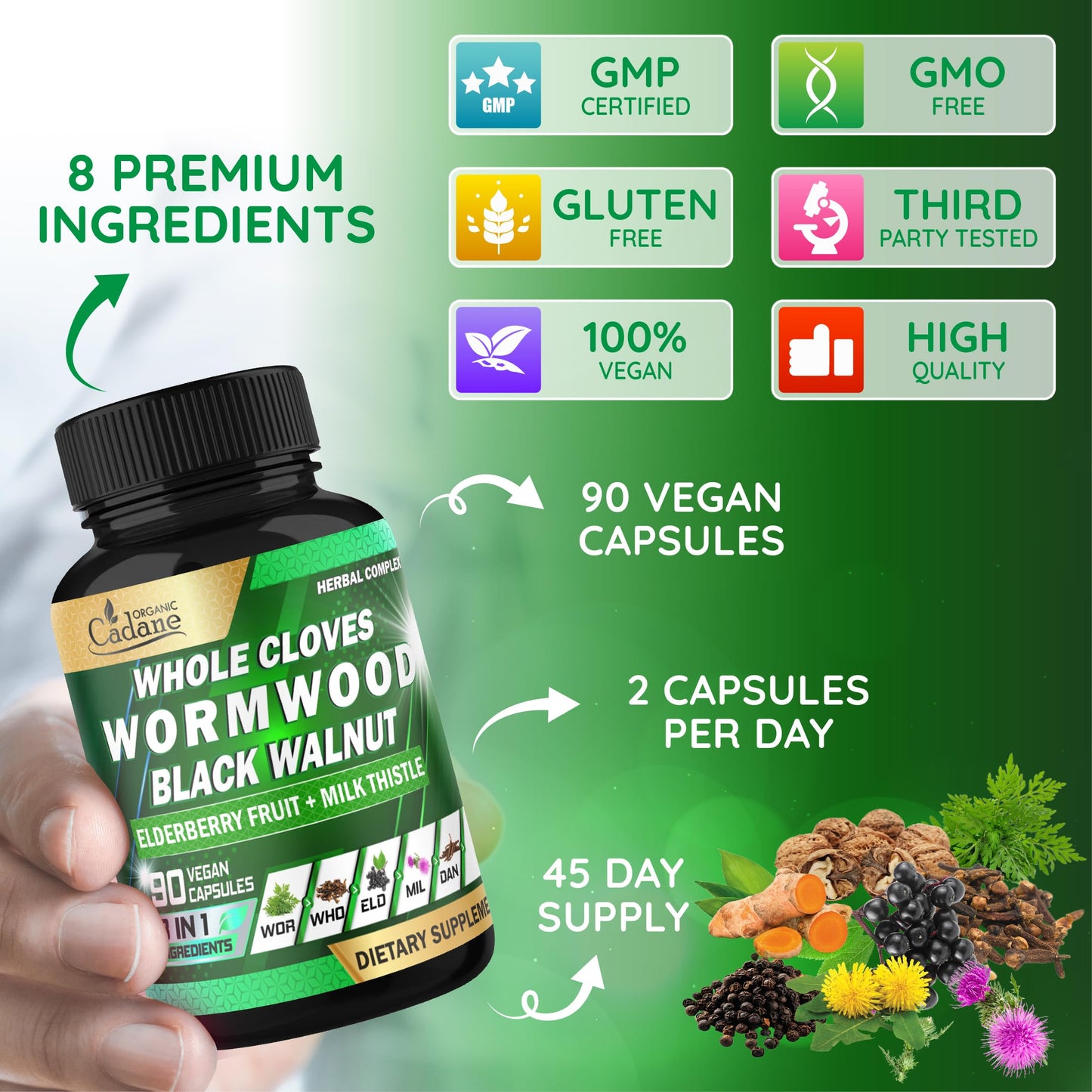 Organic Cadane Wormwood Whole Cloves Black Walnut Digestive & Herbal Support 90 Capsules