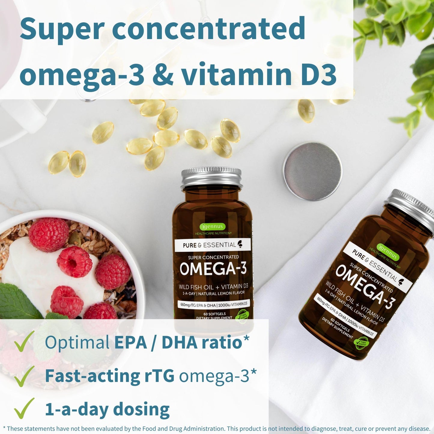 Igennus Healthcare Nutrition Advanced rTG Omega-3 IFOS Certified Wild Fish Oil & Vitamin D3 Softgels, 60 Count