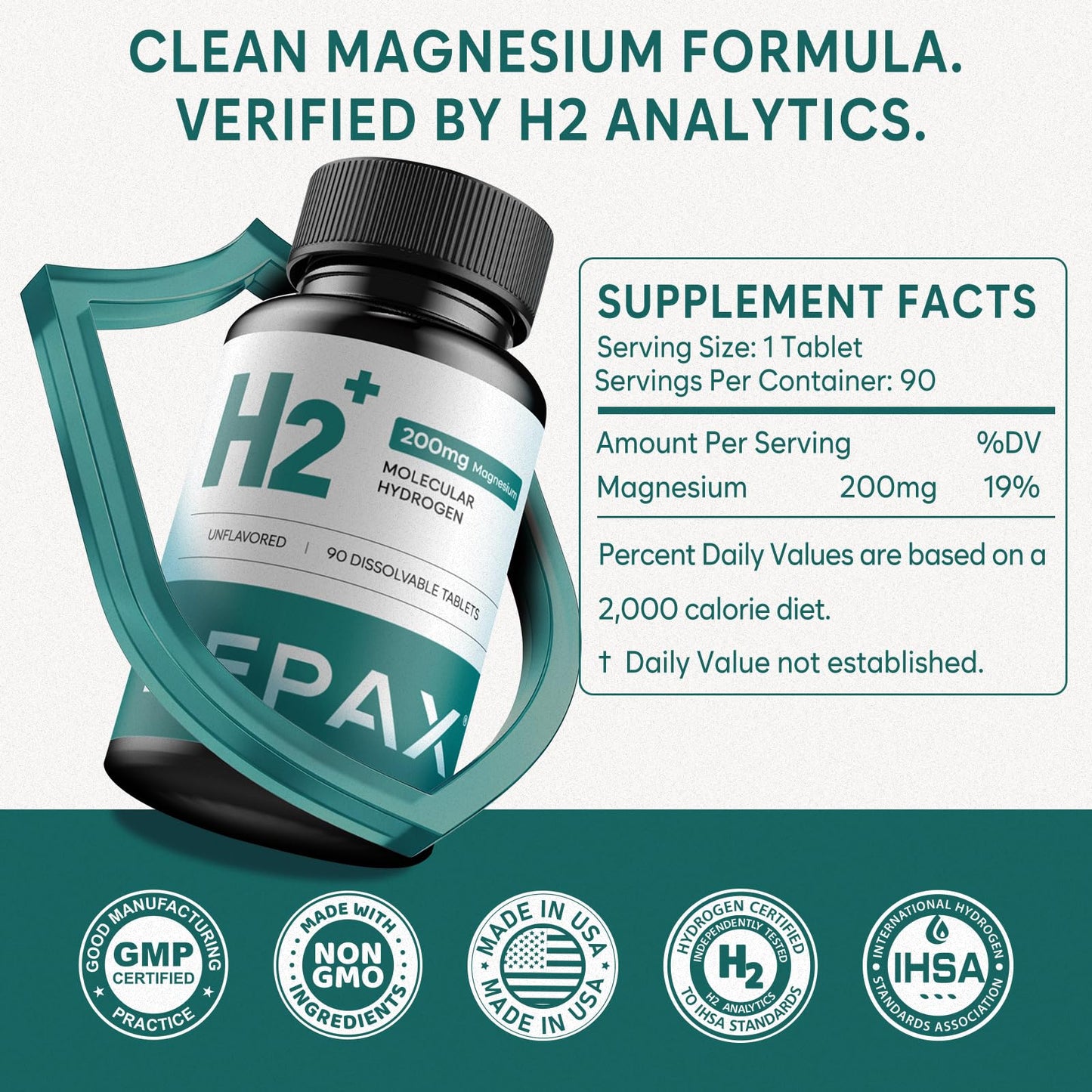PEPAX H2 Molecular Hydrogen Tablets with Magnesium, 16 PPM, IHSA Certified, 90 Tablets