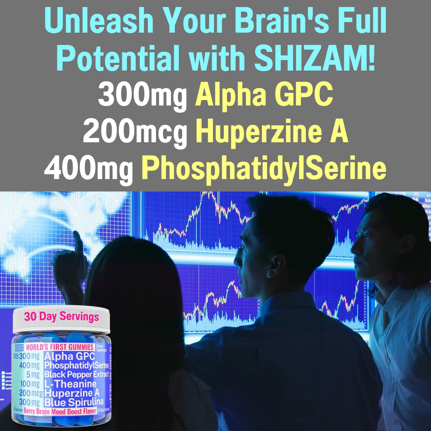 SHIZAM Alpha GPC Huperzine A Phosphatidylserine L-Theanine Blue Spirulina Bioperine Gummies, 60 Count