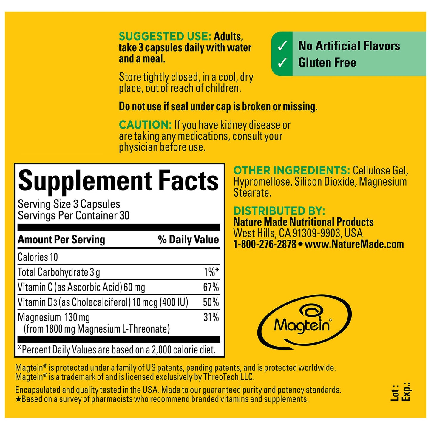 Nature Made Magnesium L-Threonate with Vitamin C & Vitamin D3, 180 Capsules