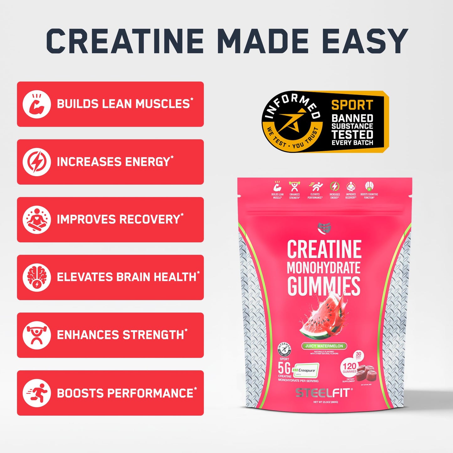 SteelFit Creapure Creatine Monohydrate, 120 Gummies