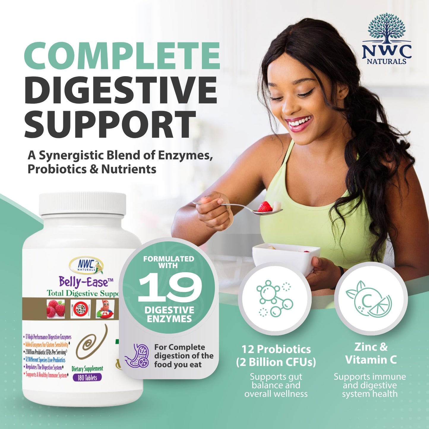 NWC Naturals Belly-Ease Healthy Digestive Enzymes Plus Prebiotics & Probiotics, Essential Enzymes, Vegetarian, Full Spectrum Digestive Solution, 180 Tablets